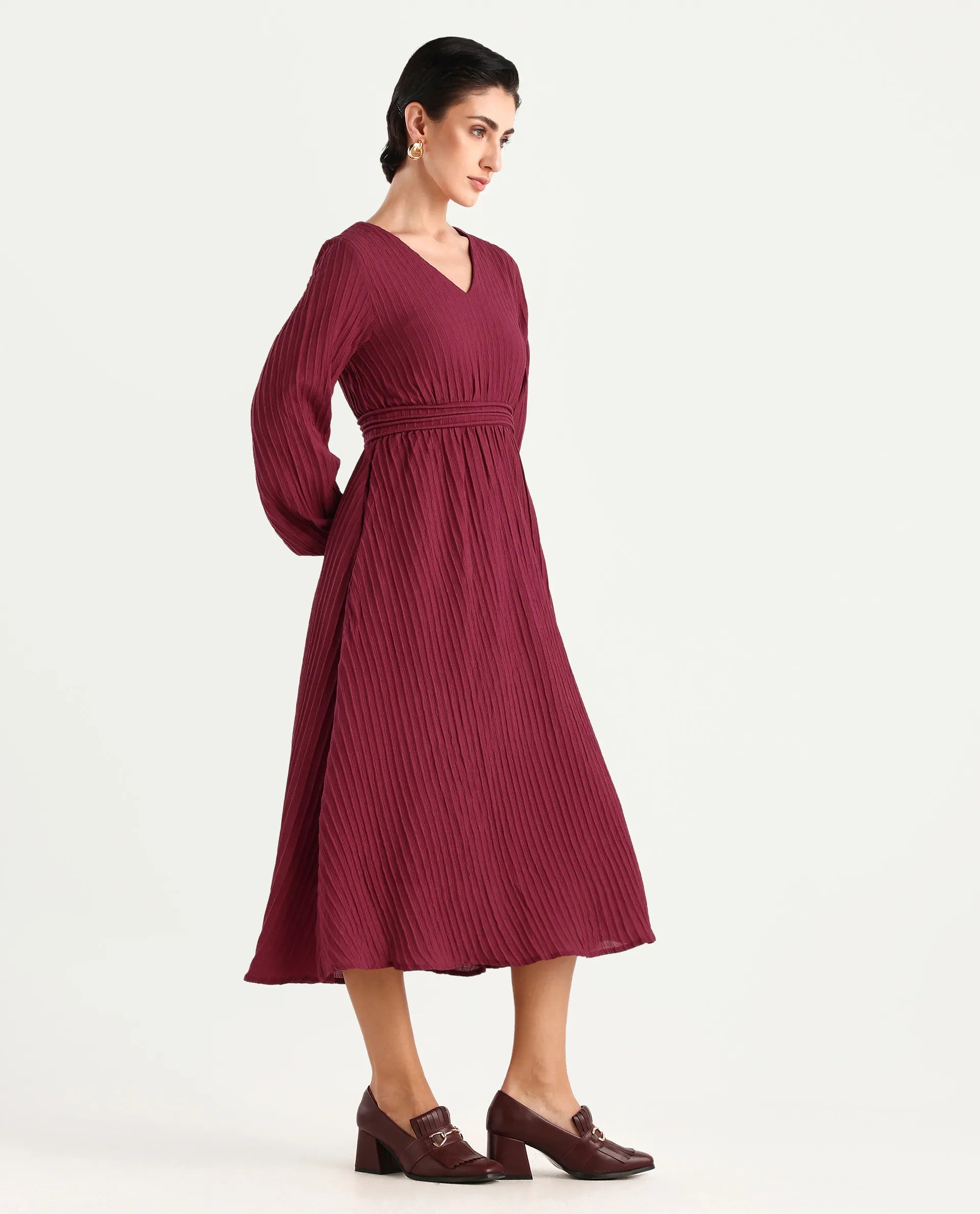 Rareism Women's Somiki Dark Red Polyester Blend V-Neck Plain Bishop Sleeve Midi Flared Dress