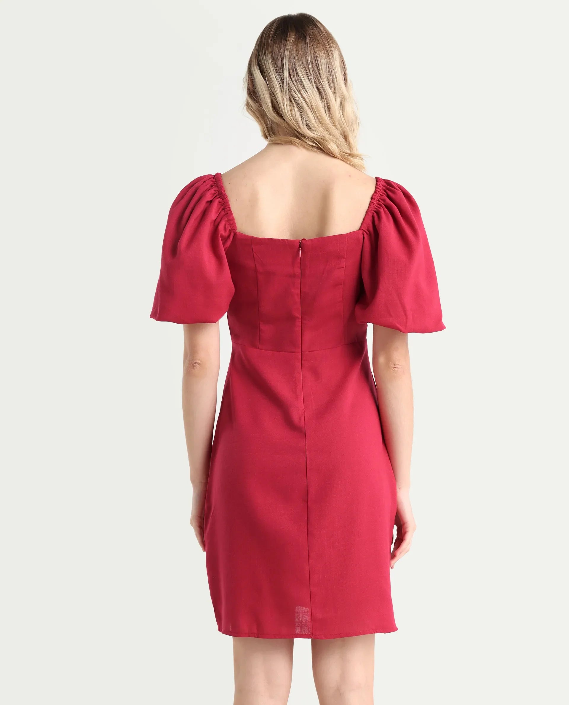 Rareism Women's Somkan Red Polyester Square Neck Plain Balloon Sleeve Mini Straight Fit Dress