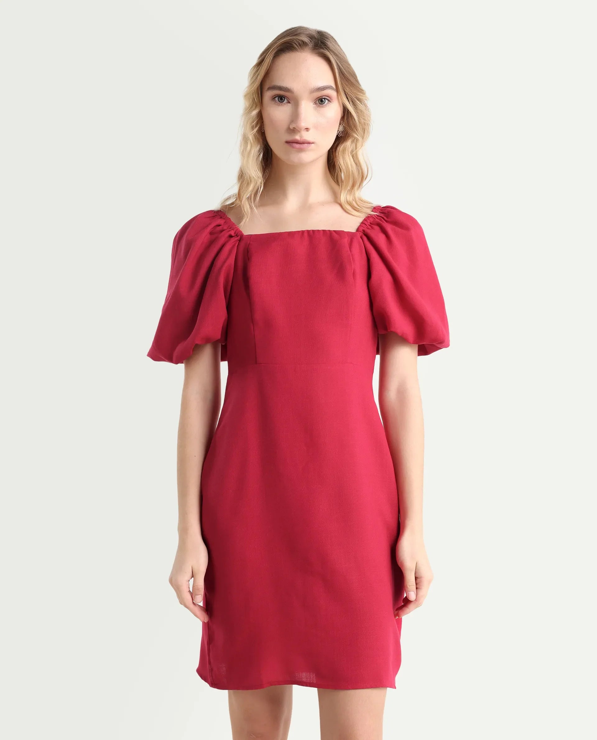 Rareism Women's Somkan Red Polyester Square Neck Plain Balloon Sleeve Mini Straight Fit Dress