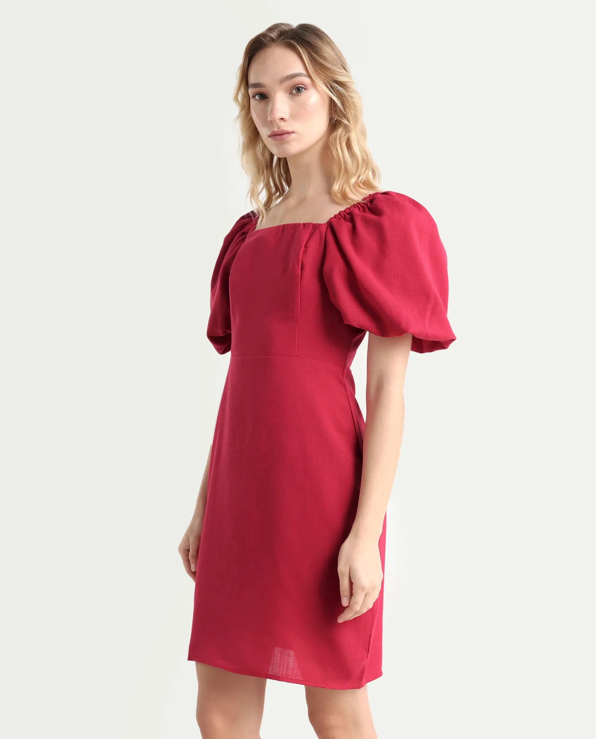 Rareism Women's Somkan Red Polyester Square Neck Plain Balloon Sleeve Mini Straight Fit Dress
