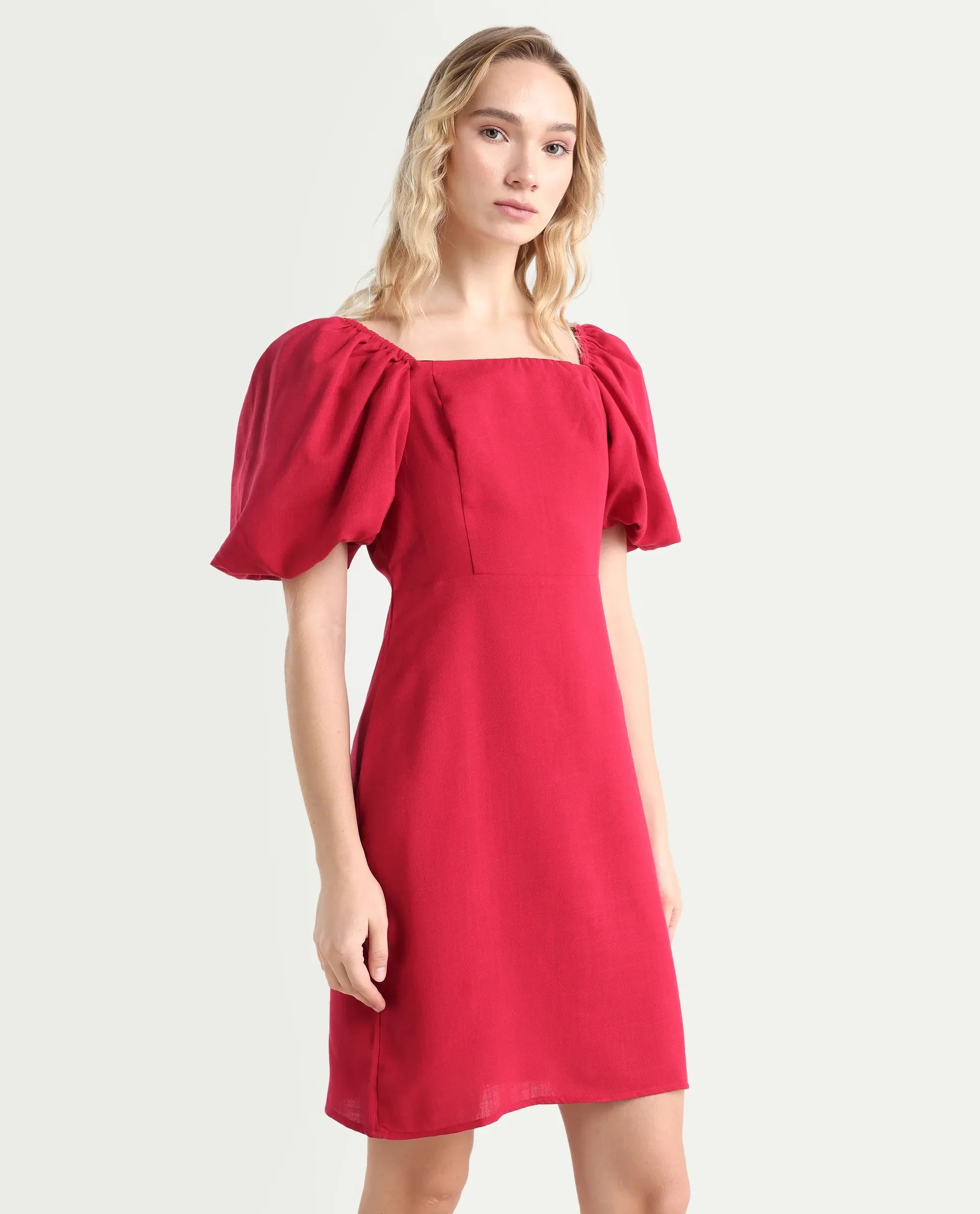 Rareism Women's Somkan Red Polyester Square Neck Plain Balloon Sleeve Mini Straight Fit Dress