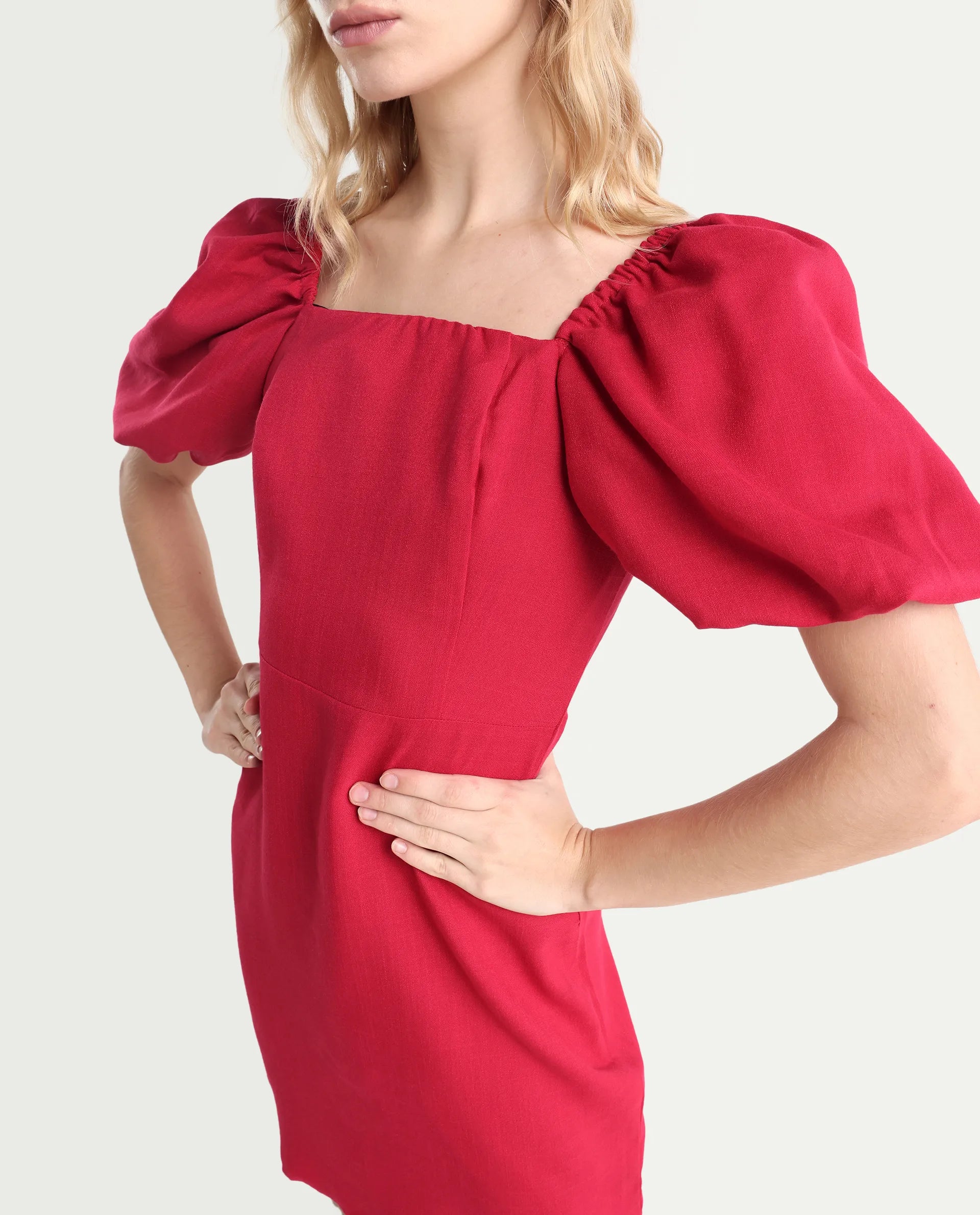 Rareism Women's Somkan Red Polyester Square Neck Plain Balloon Sleeve Mini Straight Fit Dress