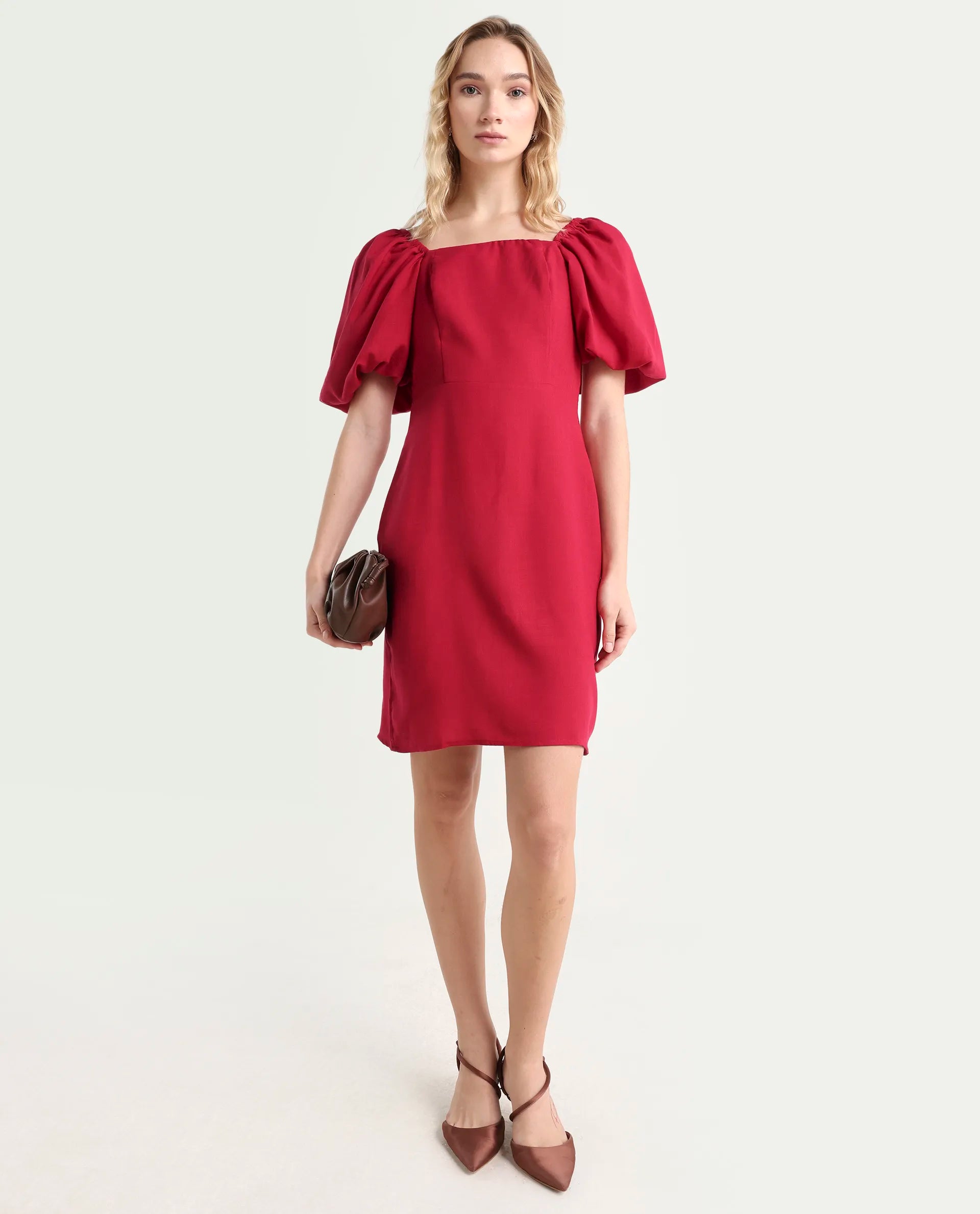 Rareism Women's Somkan Red Polyester Square Neck Plain Balloon Sleeve Mini Straight Fit Dress