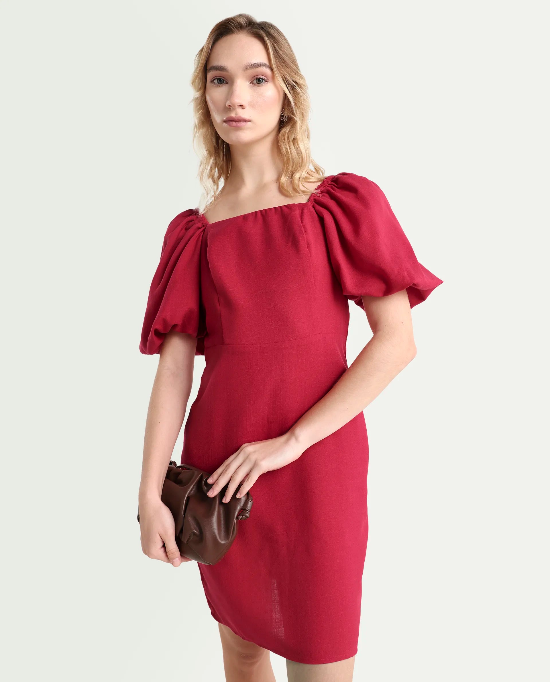 Rareism Women's Somkan Red Polyester Square Neck Plain Balloon Sleeve Mini Straight Fit Dress