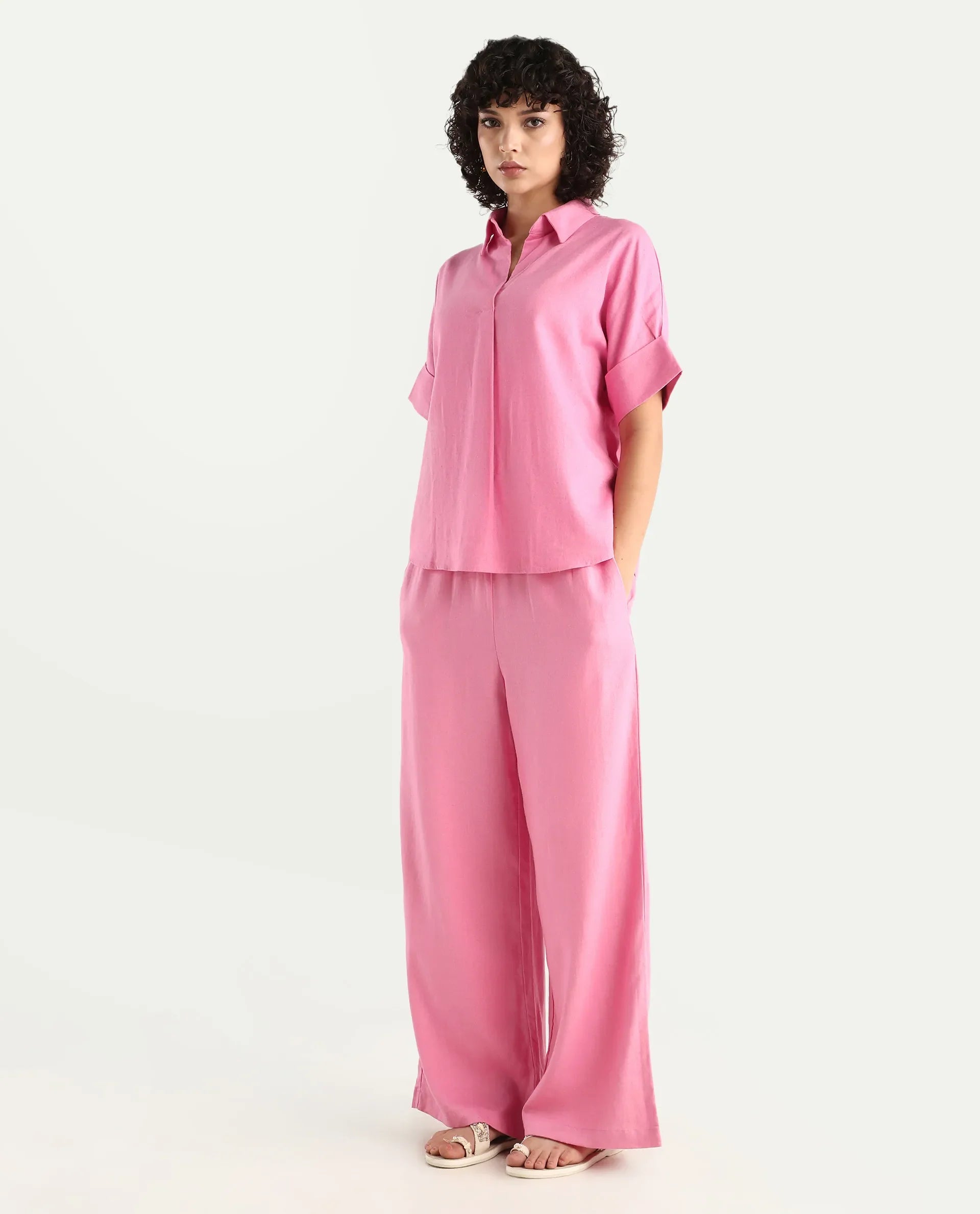 Rareism Women's Somkar B Pink Viscose Blend Plain Ankle Length Straight Fit Trouser