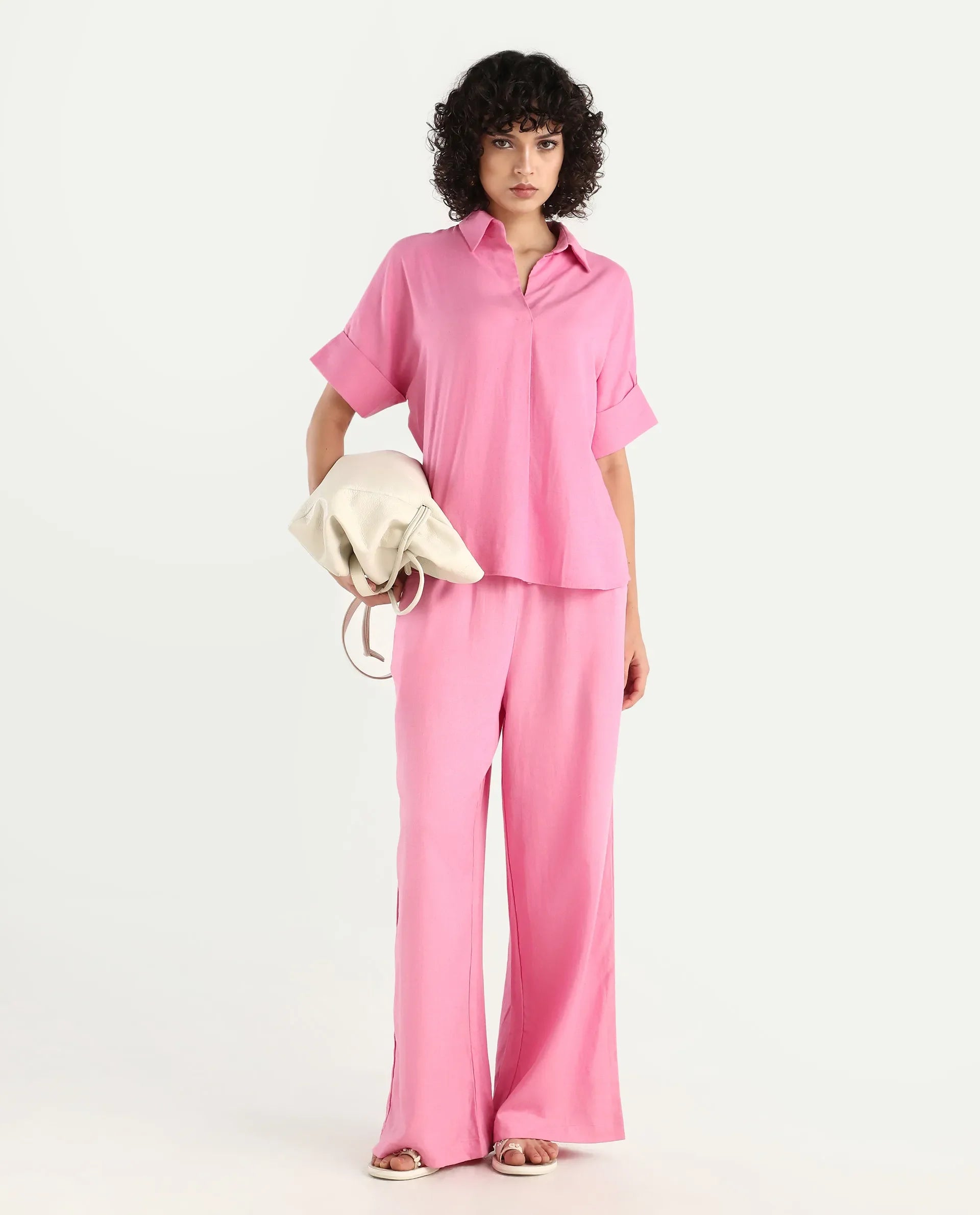 Rareism Women's Somkar B Pink Viscose Blend Plain Ankle Length Straight Fit Trouser