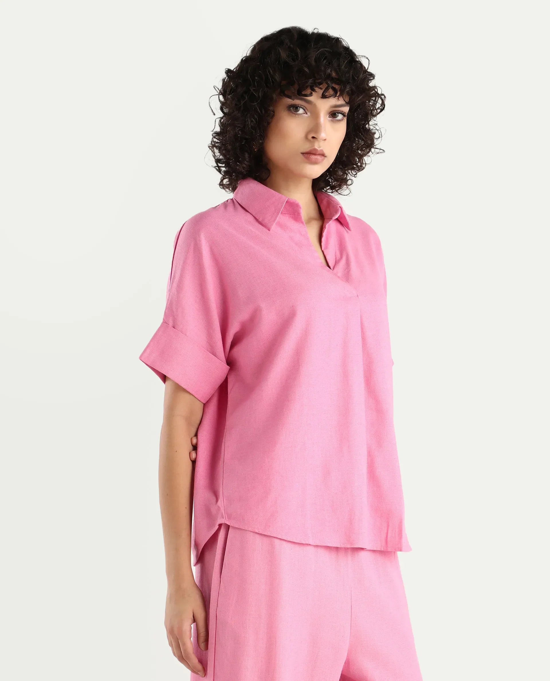 Rareism Women's Somkar T Pink Viscose Blend Johnny Collar Plain Extended Sleeves Relaxed Fit Top
