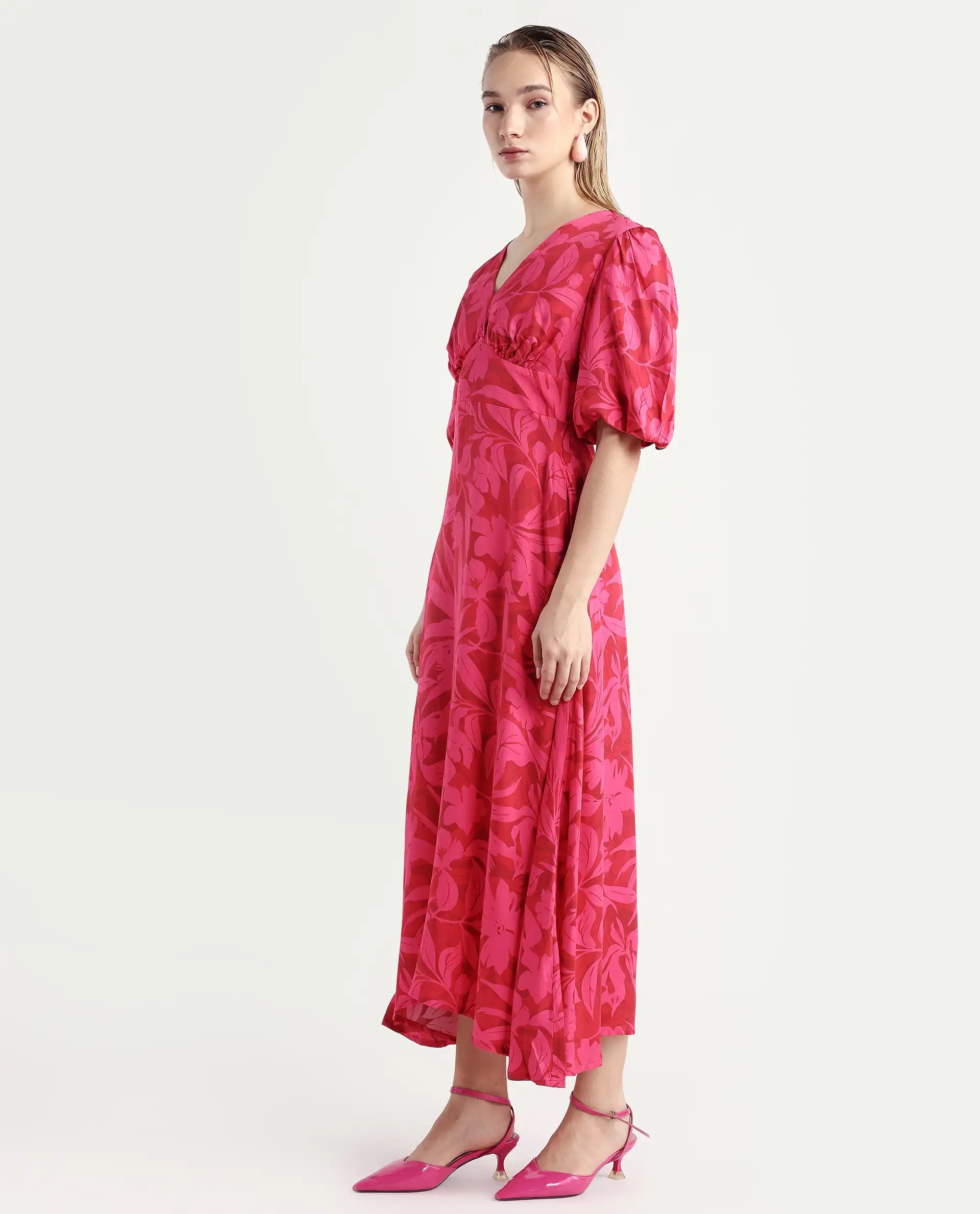 Rareism Women's Somkin Pink Modal V-Neck Floral Print Balloon Sleeve Midi A-Line Dress
