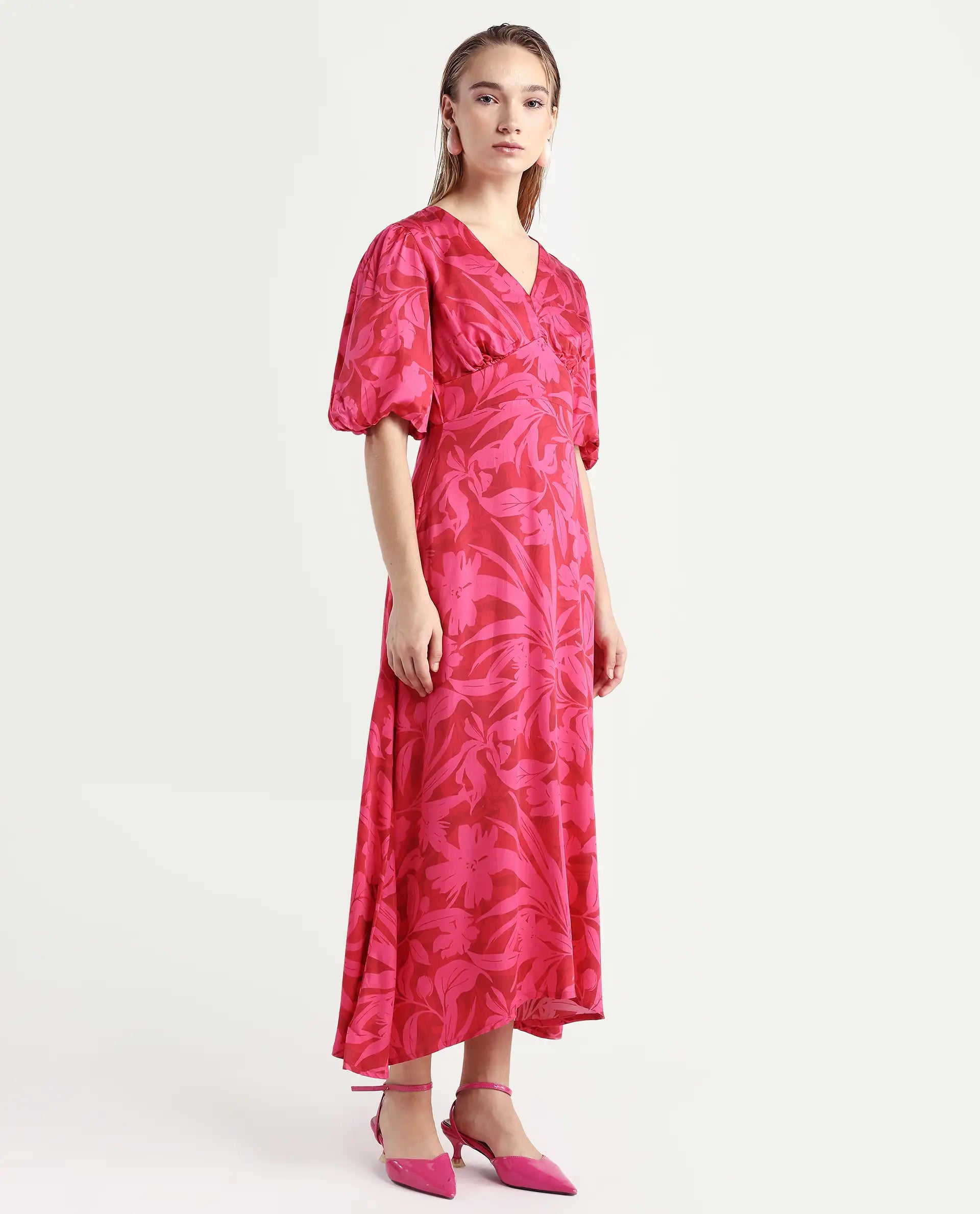 Rareism Women's Somkin Pink Modal V-Neck Floral Print Balloon Sleeve Midi A-Line Dress