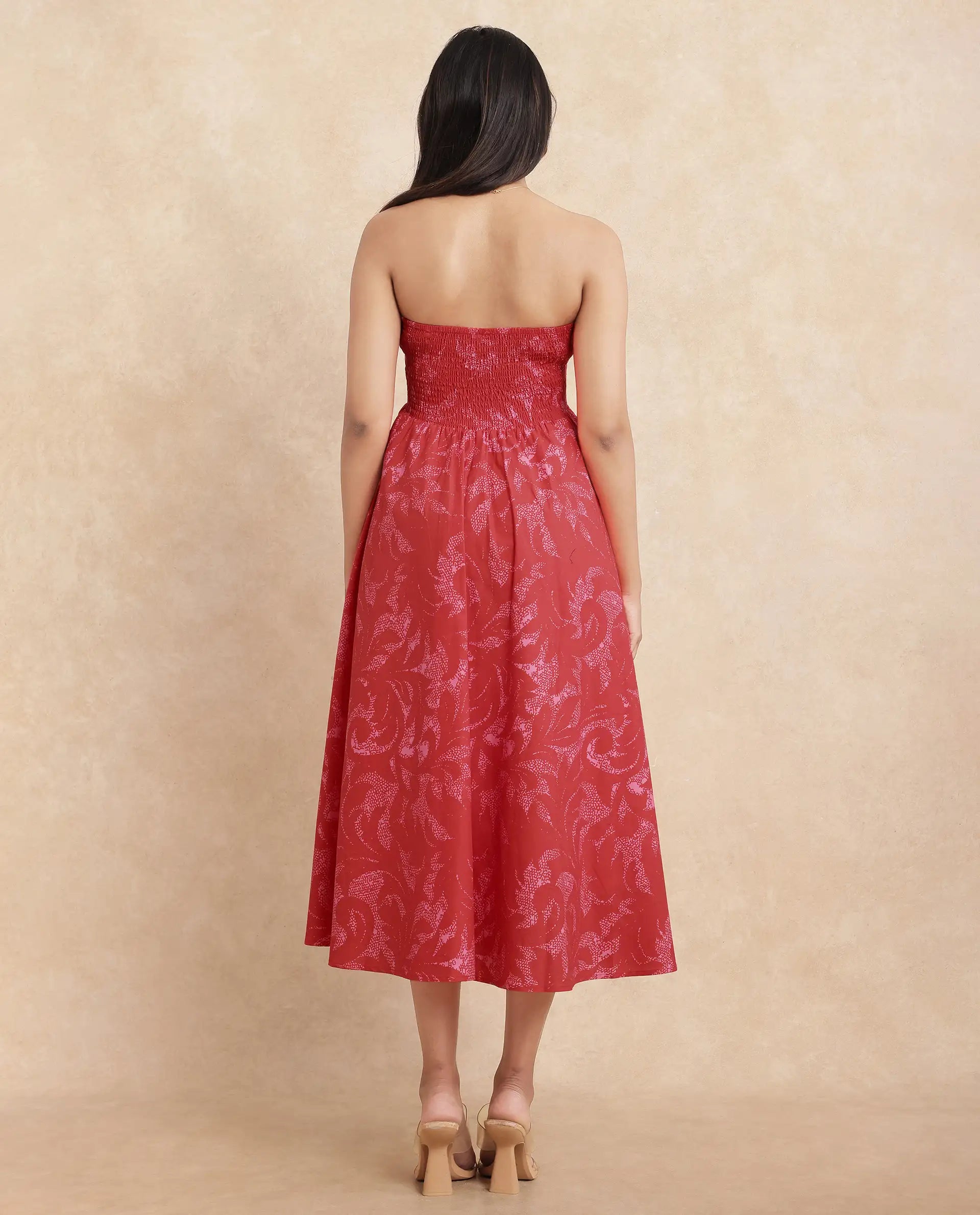 Rareism Women Somkir Red Cotton Fabric Sleeveless Tube Neck Fit And Flare Midi Abstract Print Dress