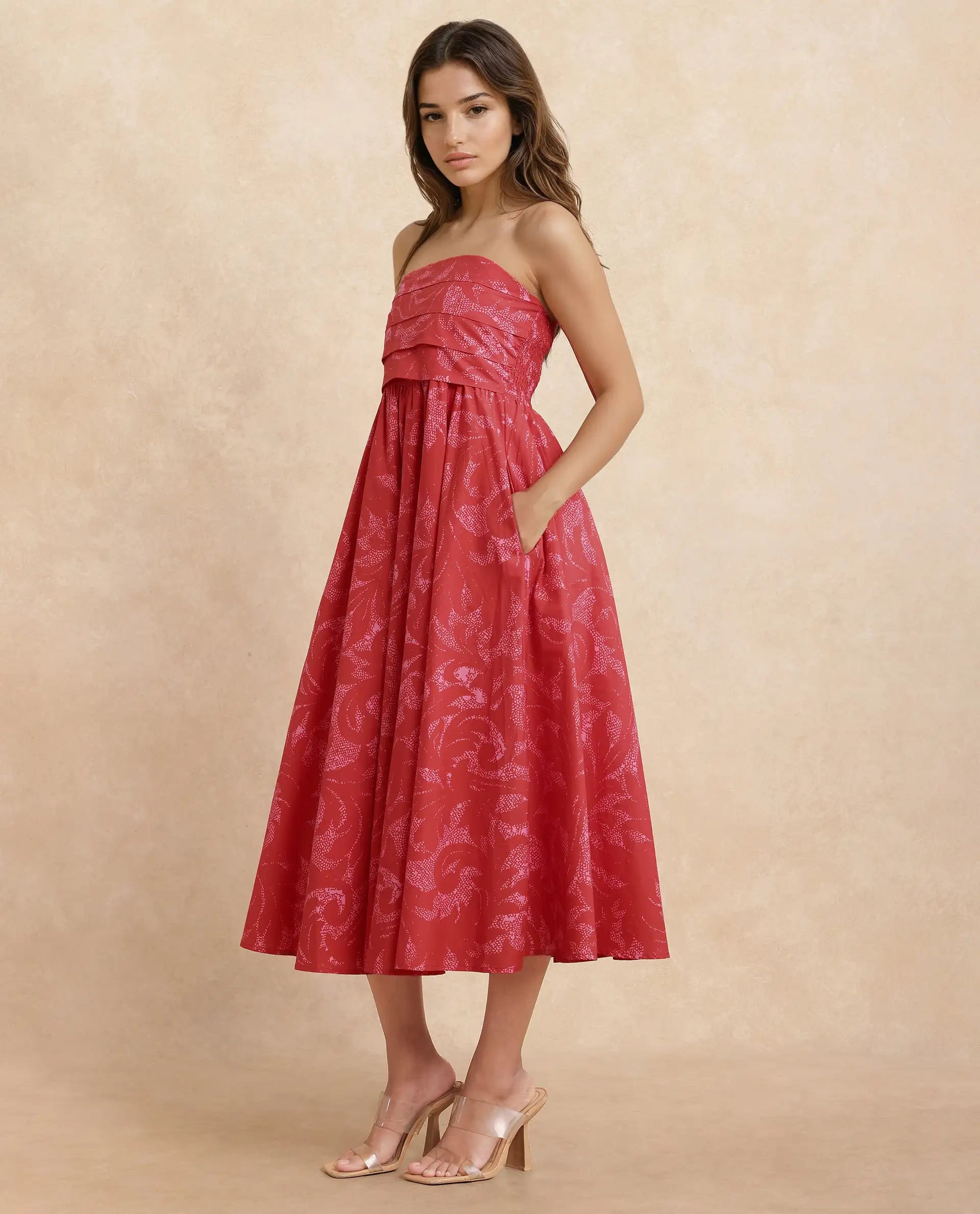 Rareism Women Somkir Red Cotton Fabric Sleeveless Tube Neck Fit And Flare Midi Abstract Print Dress