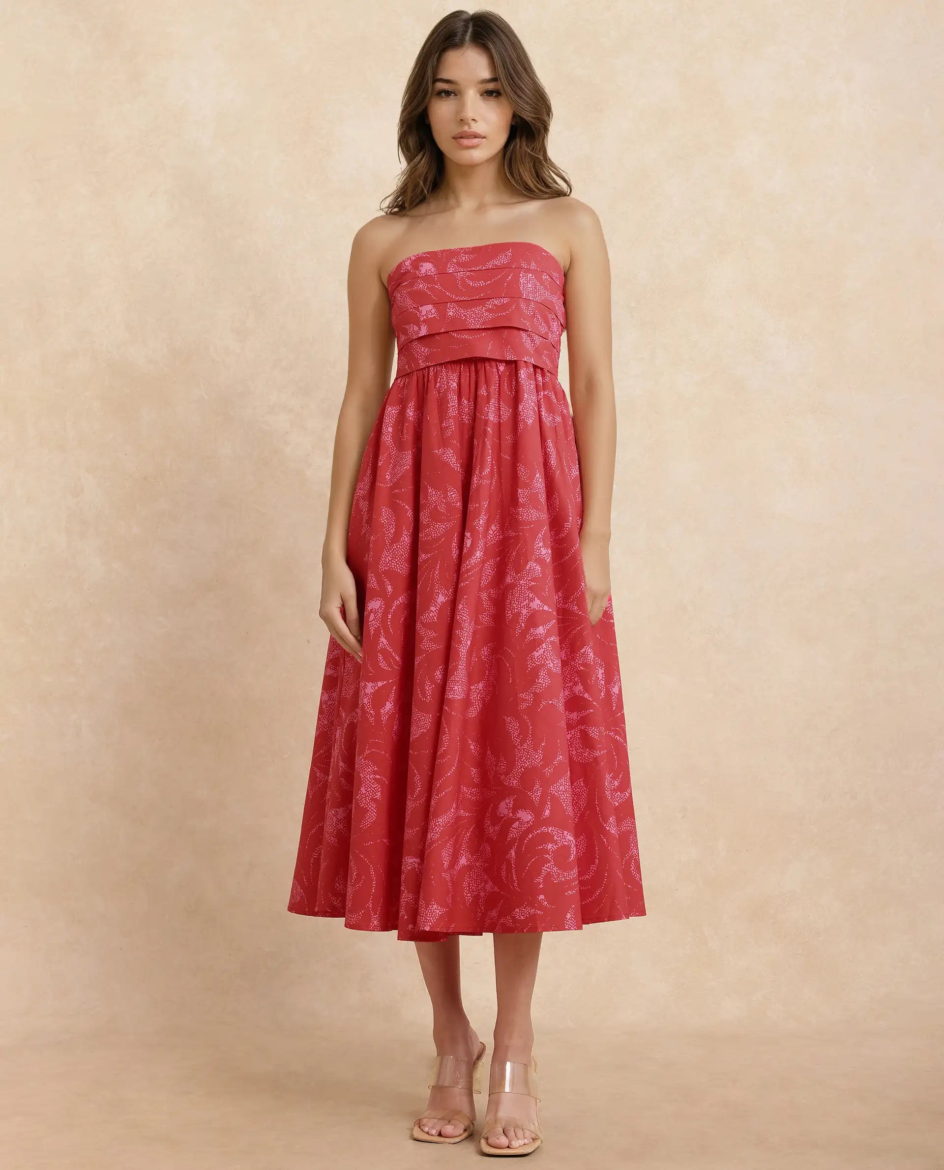 Rareism Women Somkir Red Cotton Fabric Sleeveless Tube Neck Fit And Flare Midi Abstract Print Dress