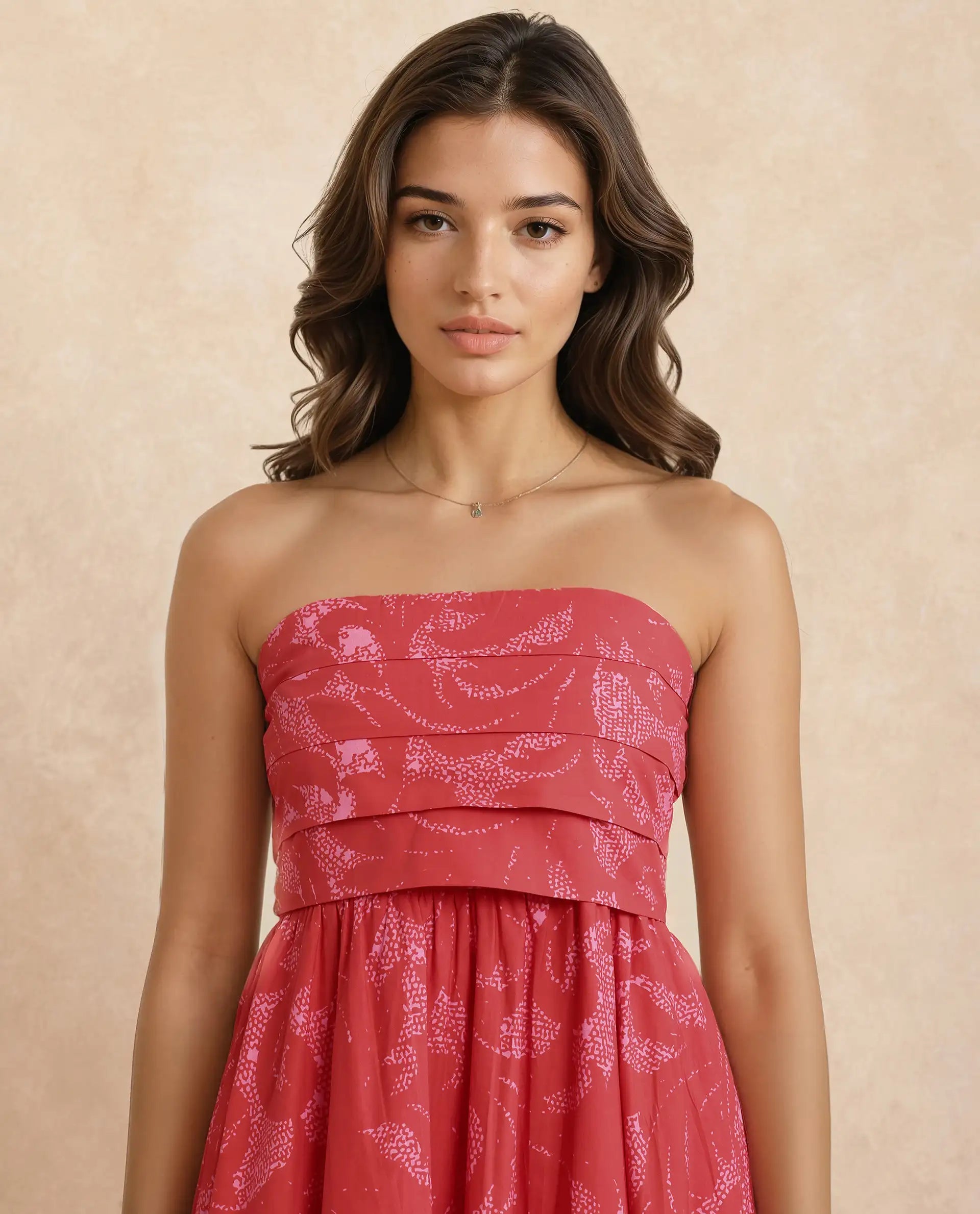 Rareism Women Somkir Red Cotton Fabric Sleeveless Tube Neck Fit And Flare Midi Abstract Print Dress