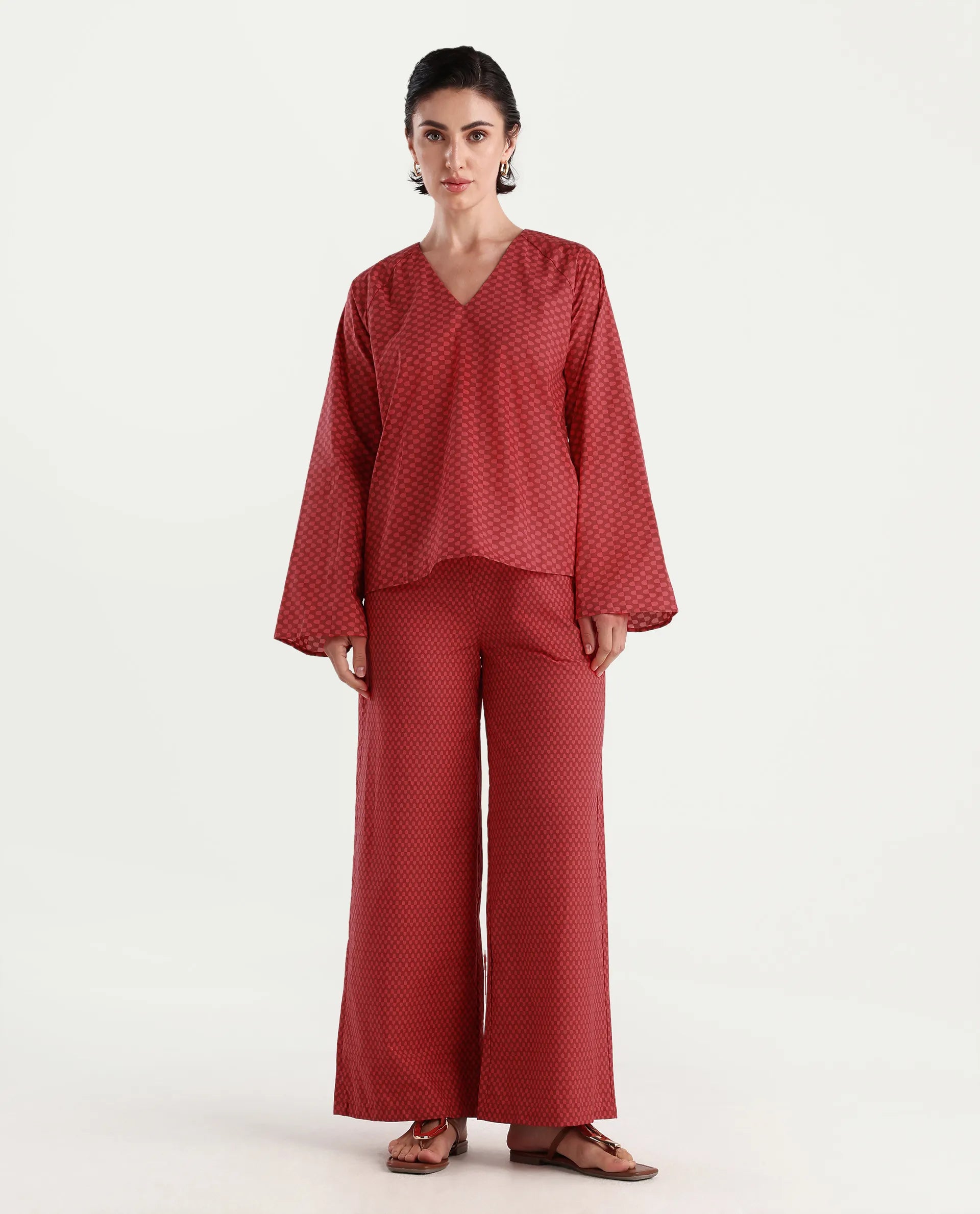 Rareism Women's Somkyu B Red Cotton Geometric Print Ankle Length Wide Trouser
