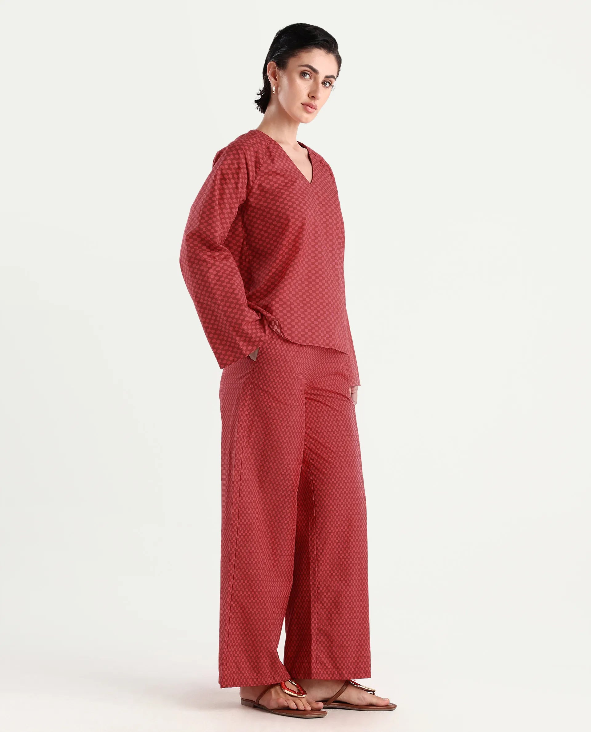 Rareism Women's Somkyu B Red Cotton Geometric Print Ankle Length Wide Trouser