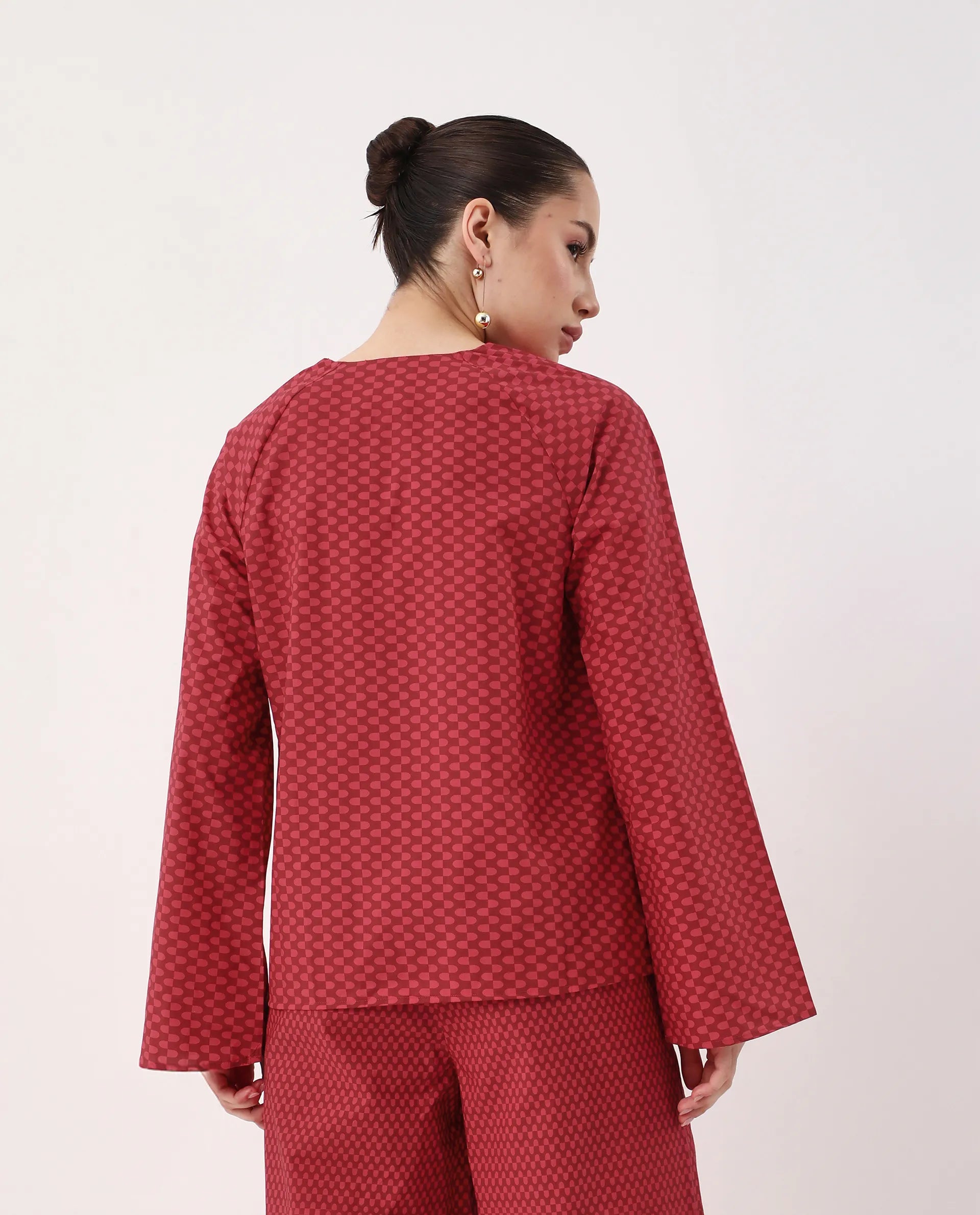 Rareism Women's Somkyu T Red Cotton Round Neck Geometric Print Raglan Sleeve Regular Fit Top