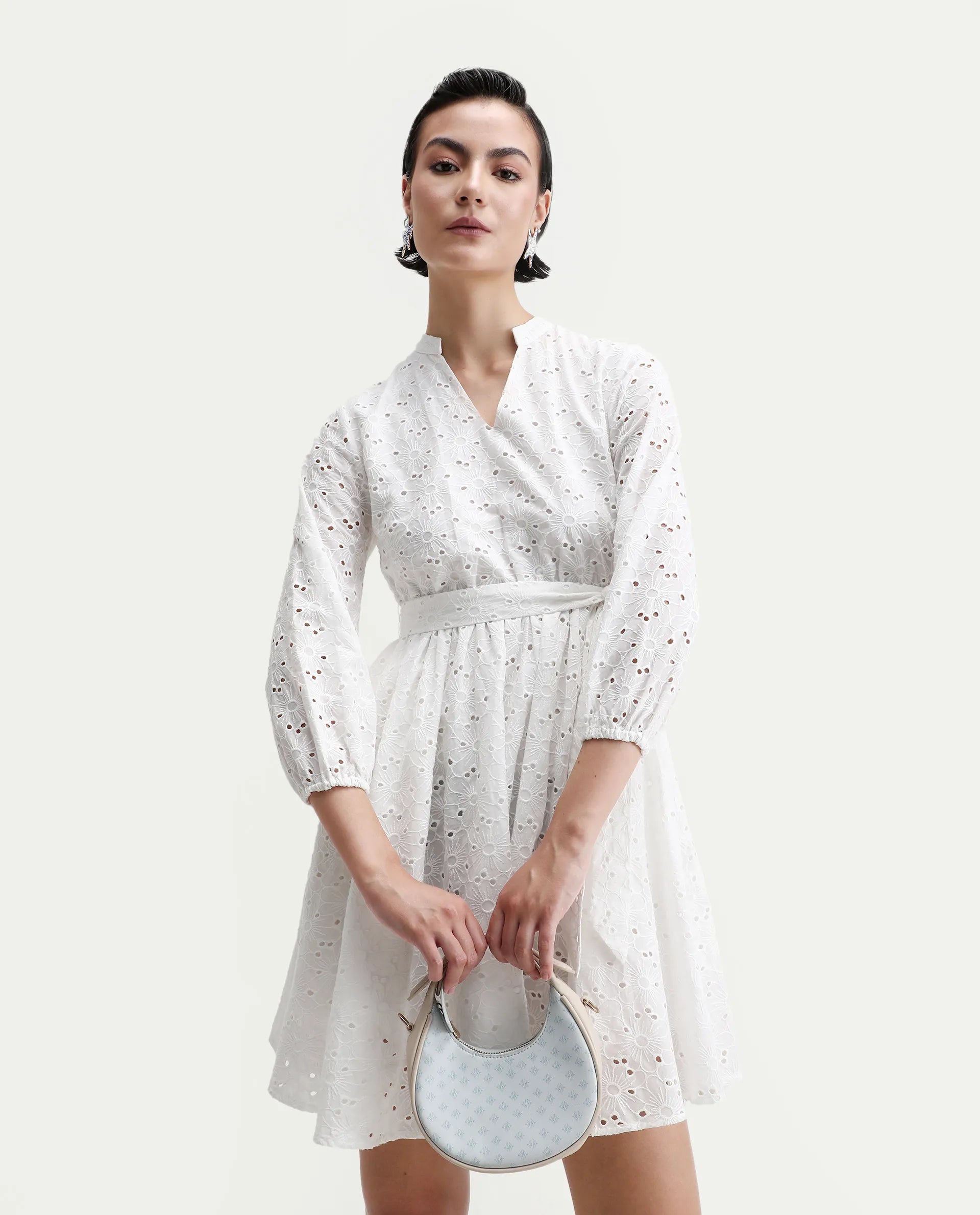 Rareism Women's Somliao White Cotton V-Neck Plain Bishop Sleeve Mini Flared Dress