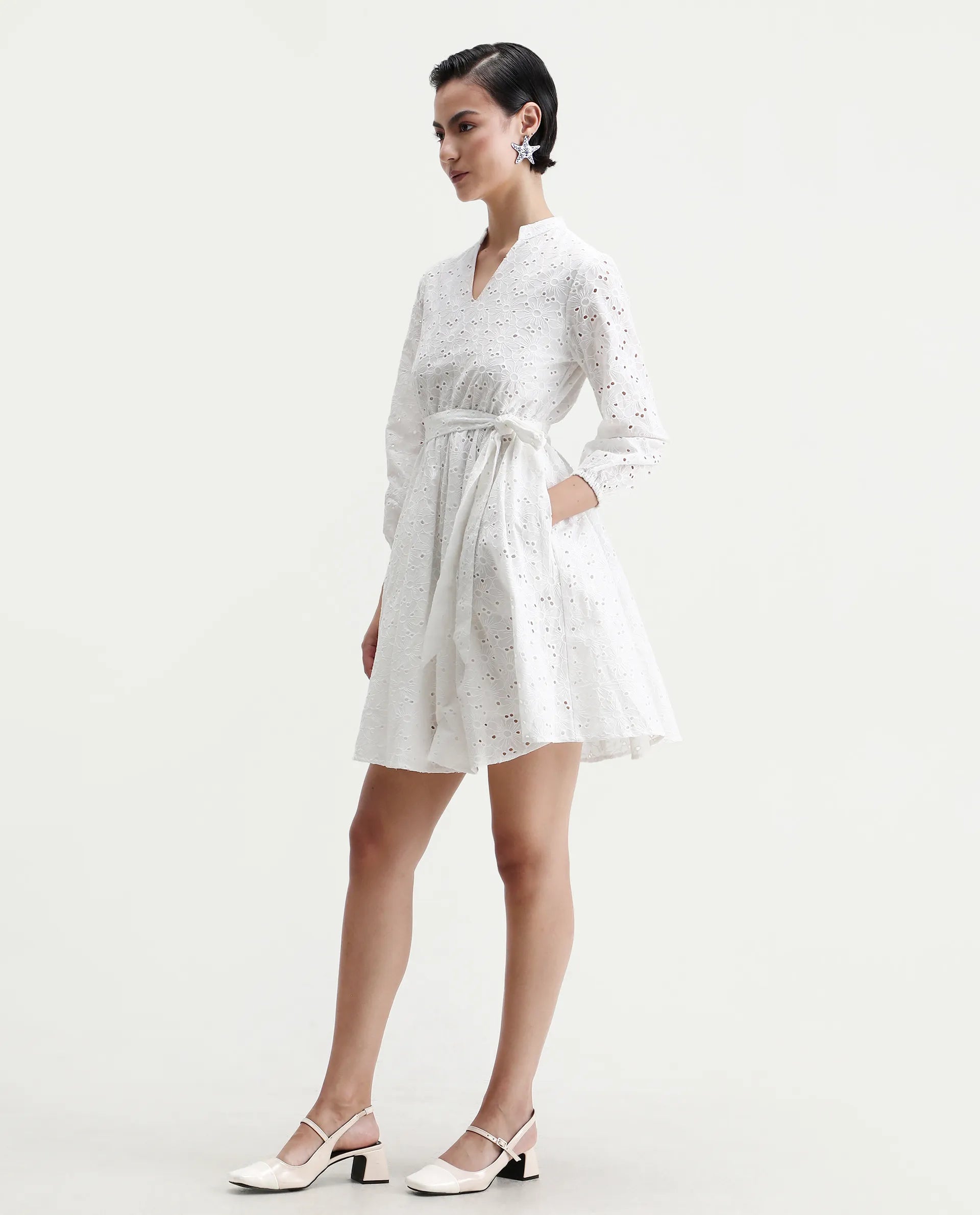 Rareism Women's Somliao White Cotton V-Neck Plain Bishop Sleeve Mini Flared Dress