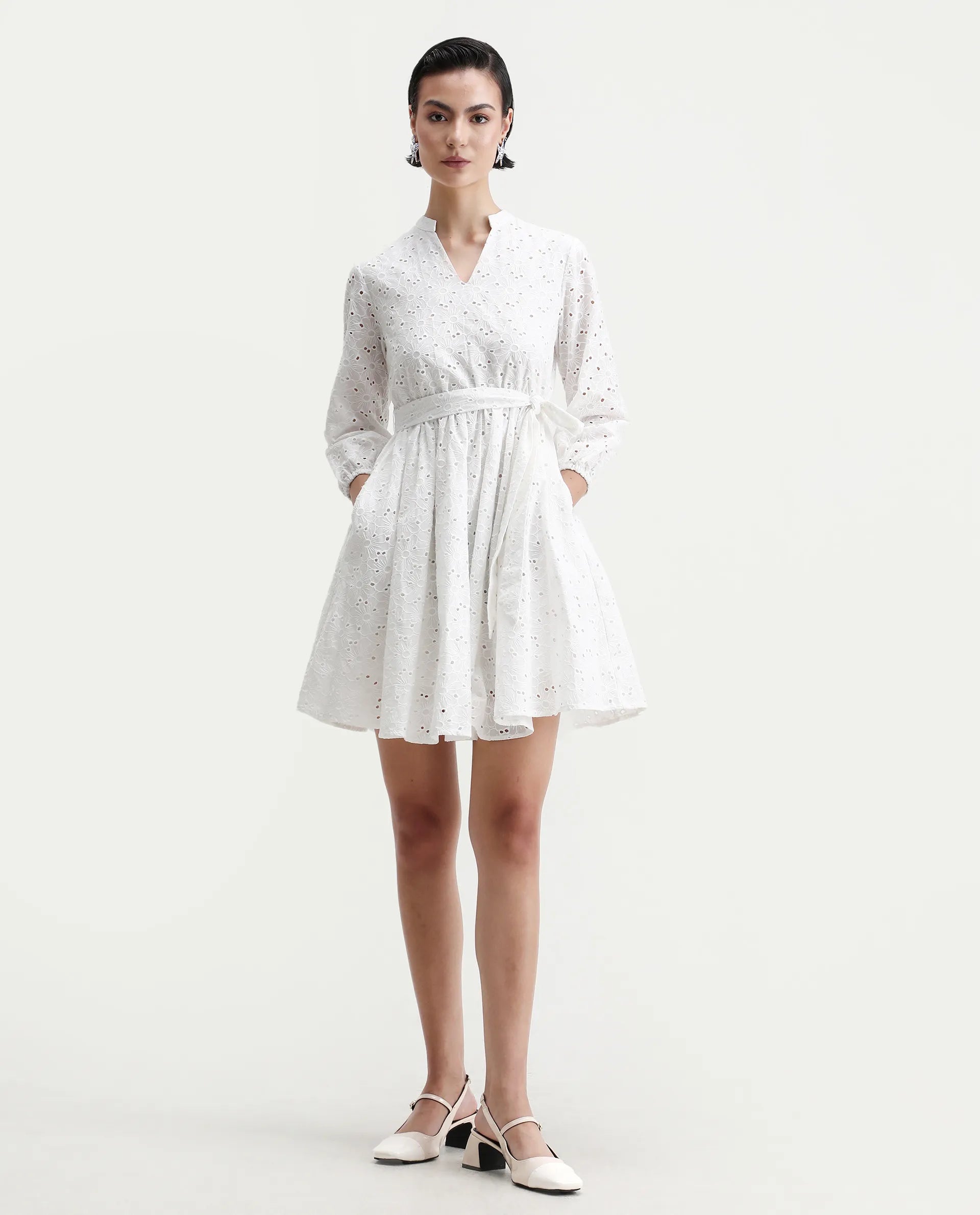 Rareism Women's Somliao White Cotton V-Neck Plain Bishop Sleeve Mini Flared Dress