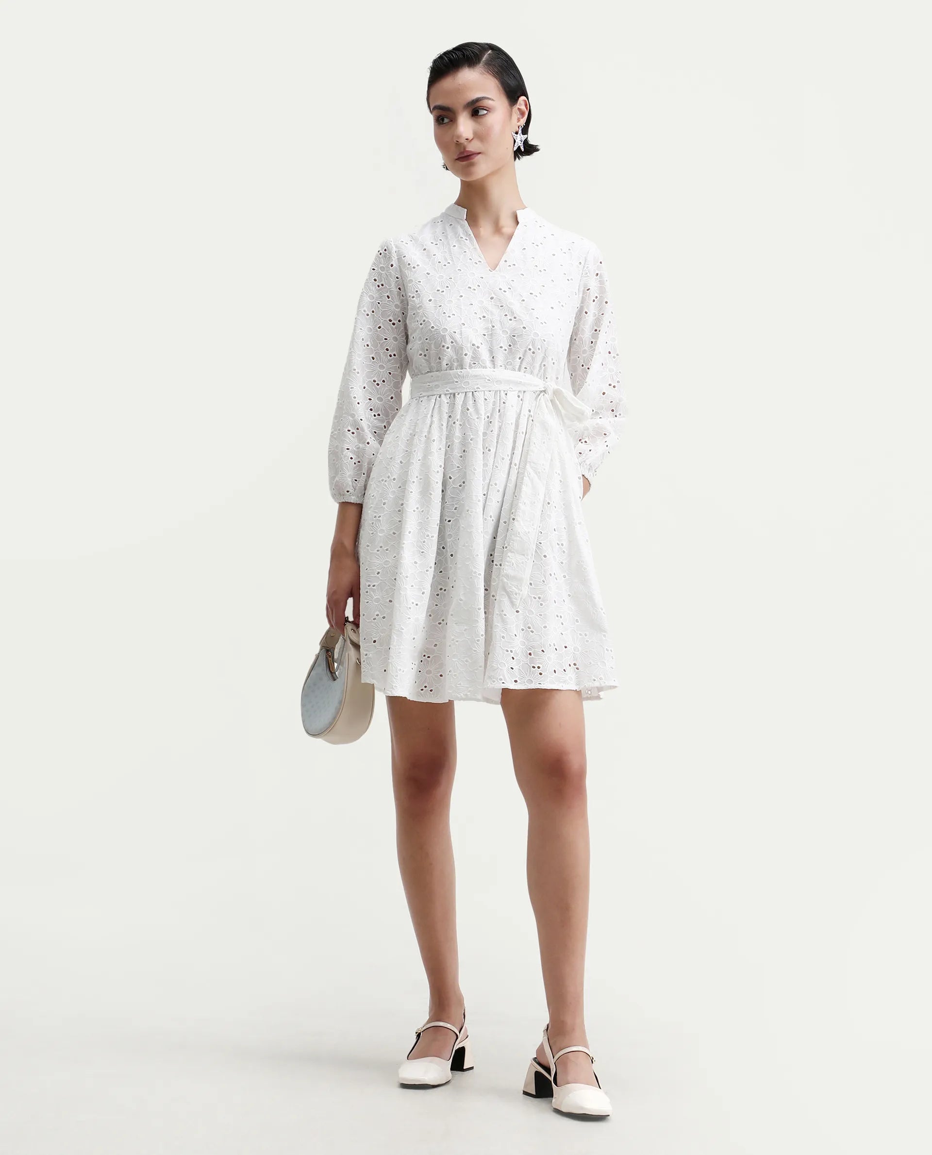 Rareism Women's Somliao White Cotton V-Neck Plain Bishop Sleeve Mini Flared Dress