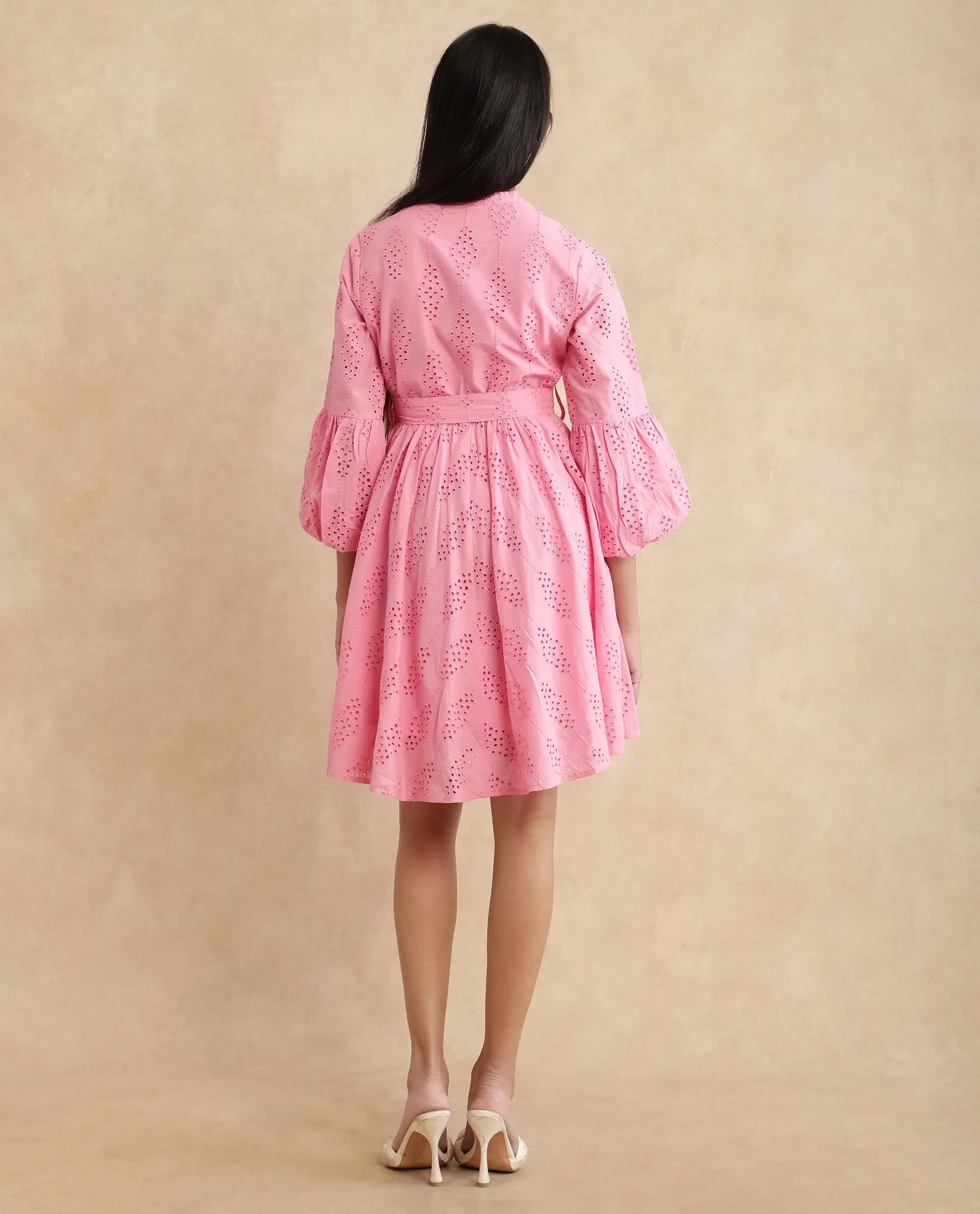 Rareism Women's Somlia Light Pink Cotton V-Neck Schiffli Bishop Sleeve Mini Fit And Flare Dress