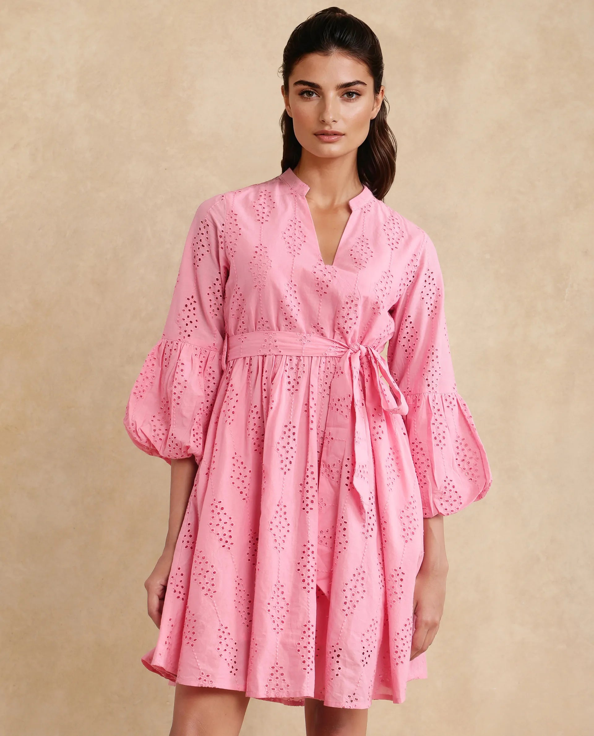 Rareism Women's Somlia Light Pink Cotton V-Neck Schiffli Bishop Sleeve Mini Fit And Flare Dress