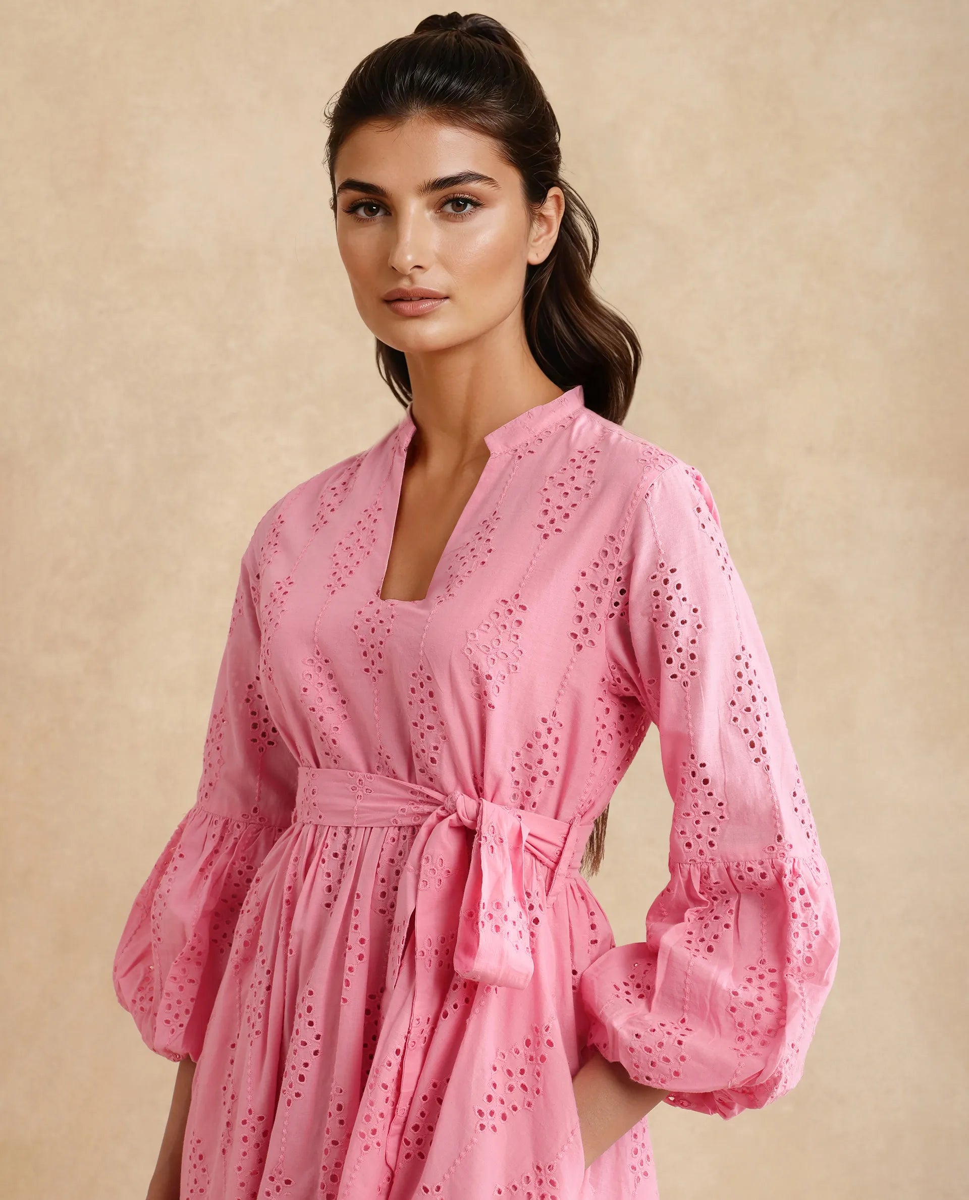 Rareism Women's Somlia Light Pink Cotton V-Neck Schiffli Bishop Sleeve Mini Fit And Flare Dress