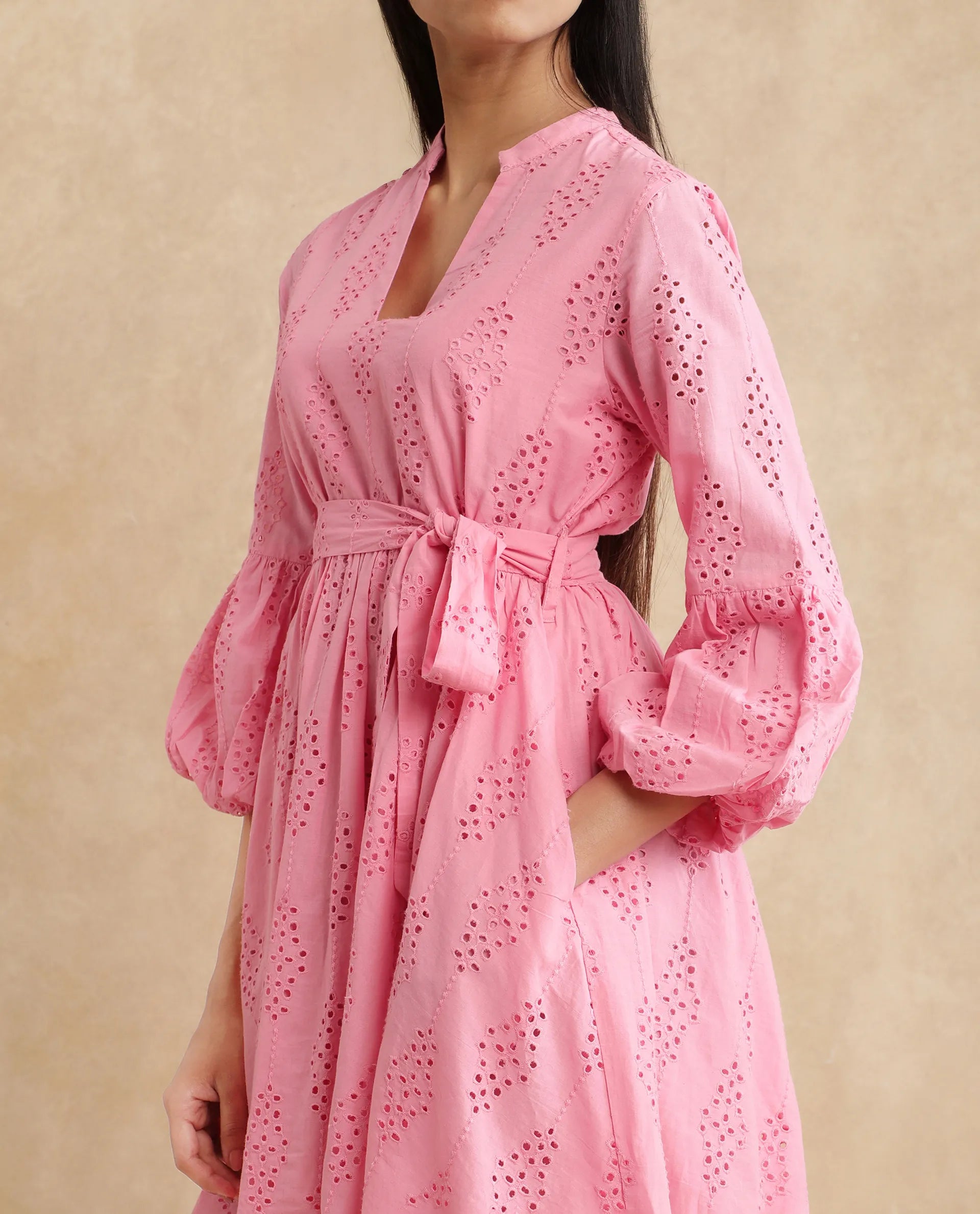 Rareism Women's Somlia Light Pink Cotton V-Neck Schiffli Bishop Sleeve Mini Fit And Flare Dress
