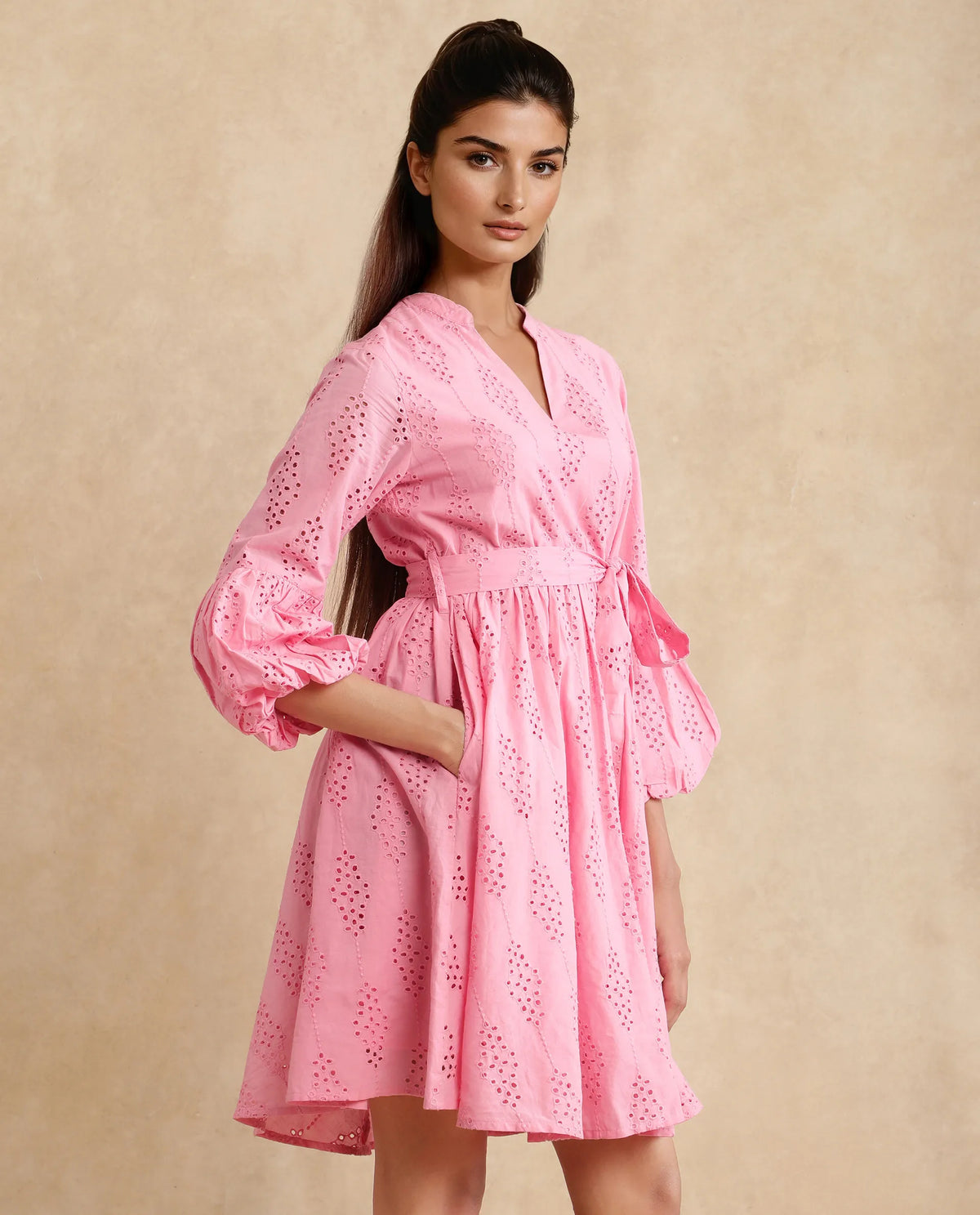 Rareism Women Somlia Light Pink Cotton Fabric Bishop Sleeve V-Neck Fit And Flare Mini Plain Dress