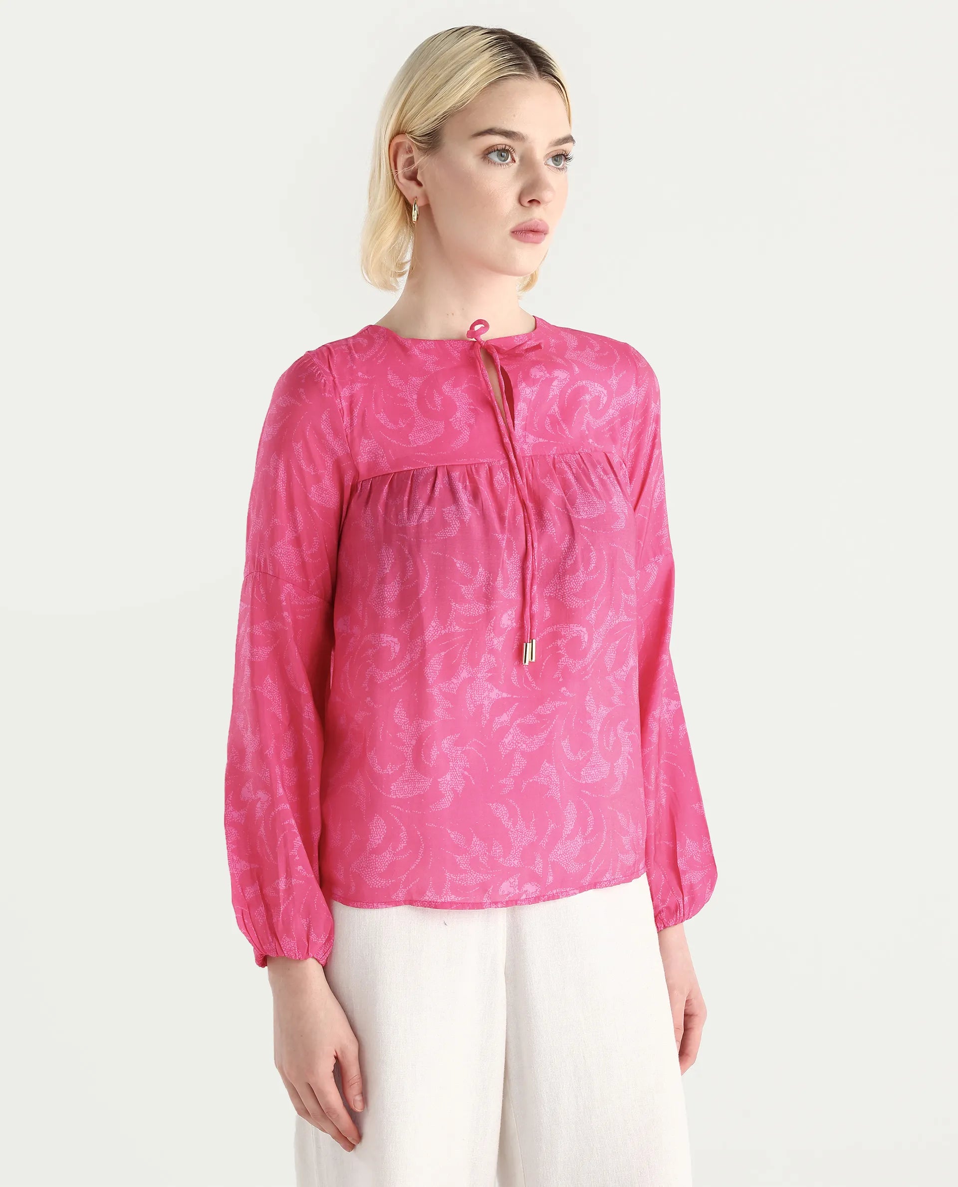 Rareism Women's Somlin Flouroscent Pink Viscose Blend Tie-Up Neck Abstract Print Lantern Sleeve Regular Fit Top