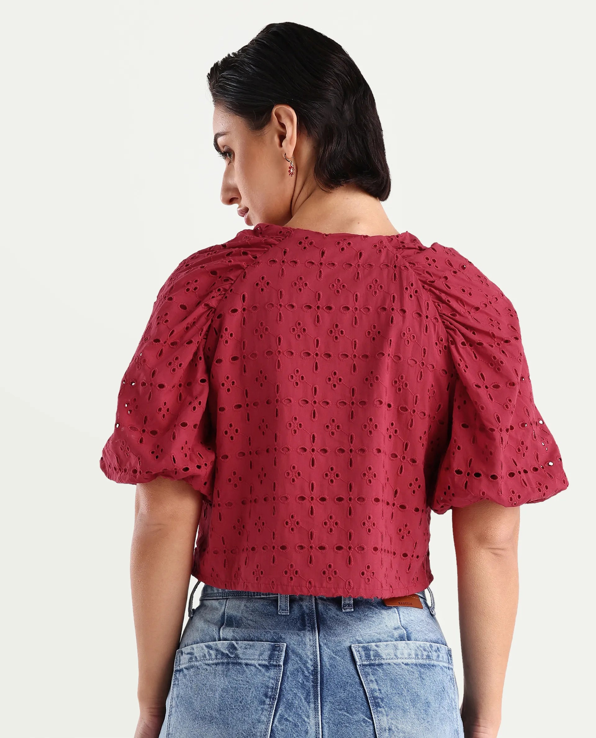 Rareism Women's Somli Dark Red Cotton Round Neck Schiffli Balloon Sleeve Crop Regular Fit Top