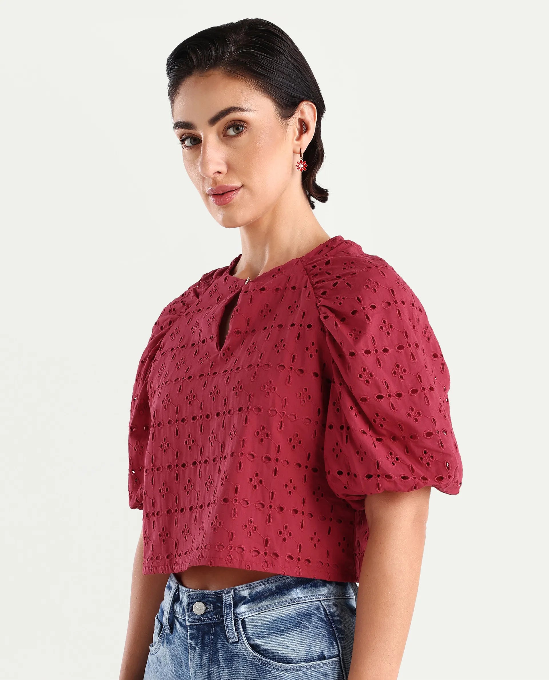 Rareism Women's Somli Dark Red Cotton Round Neck Schiffli Balloon Sleeve Crop Regular Fit Top