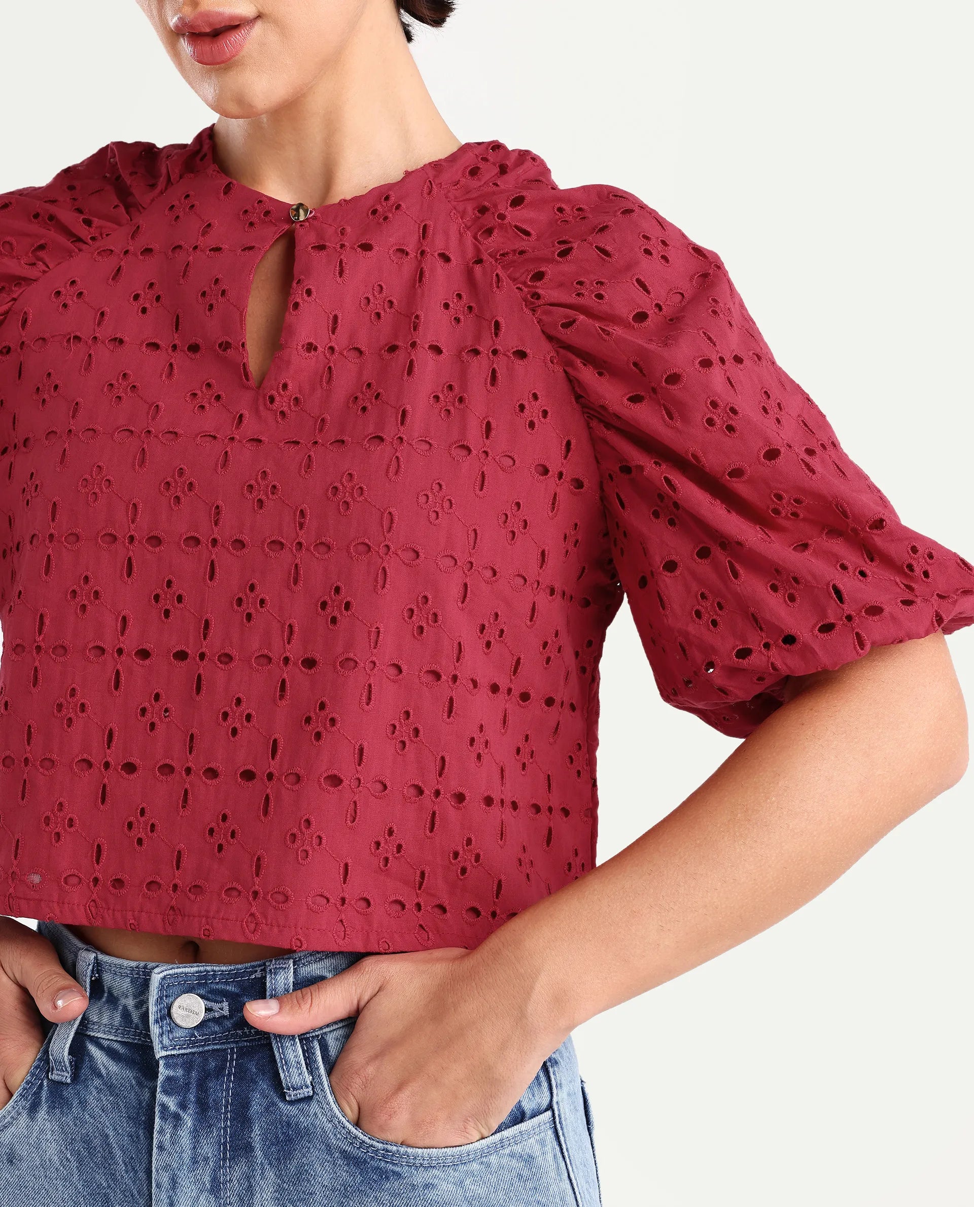 Rareism Women's Somli Dark Red Cotton Round Neck Schiffli Balloon Sleeve Crop Regular Fit Top