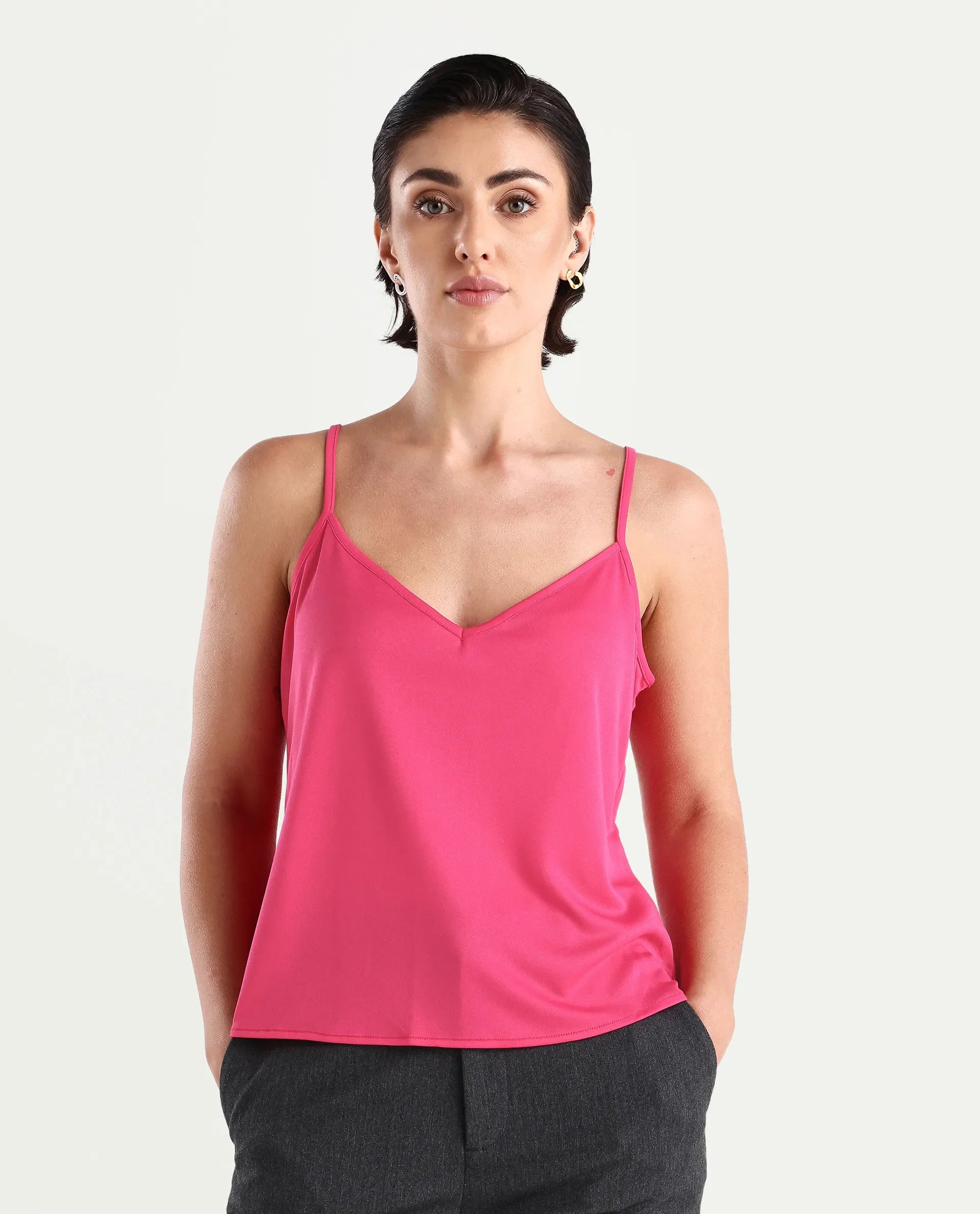 Rareism Women's Sommer Pink Polyester Tie-Up Neck Plain Cuffed Sleeve Regular Fit Top