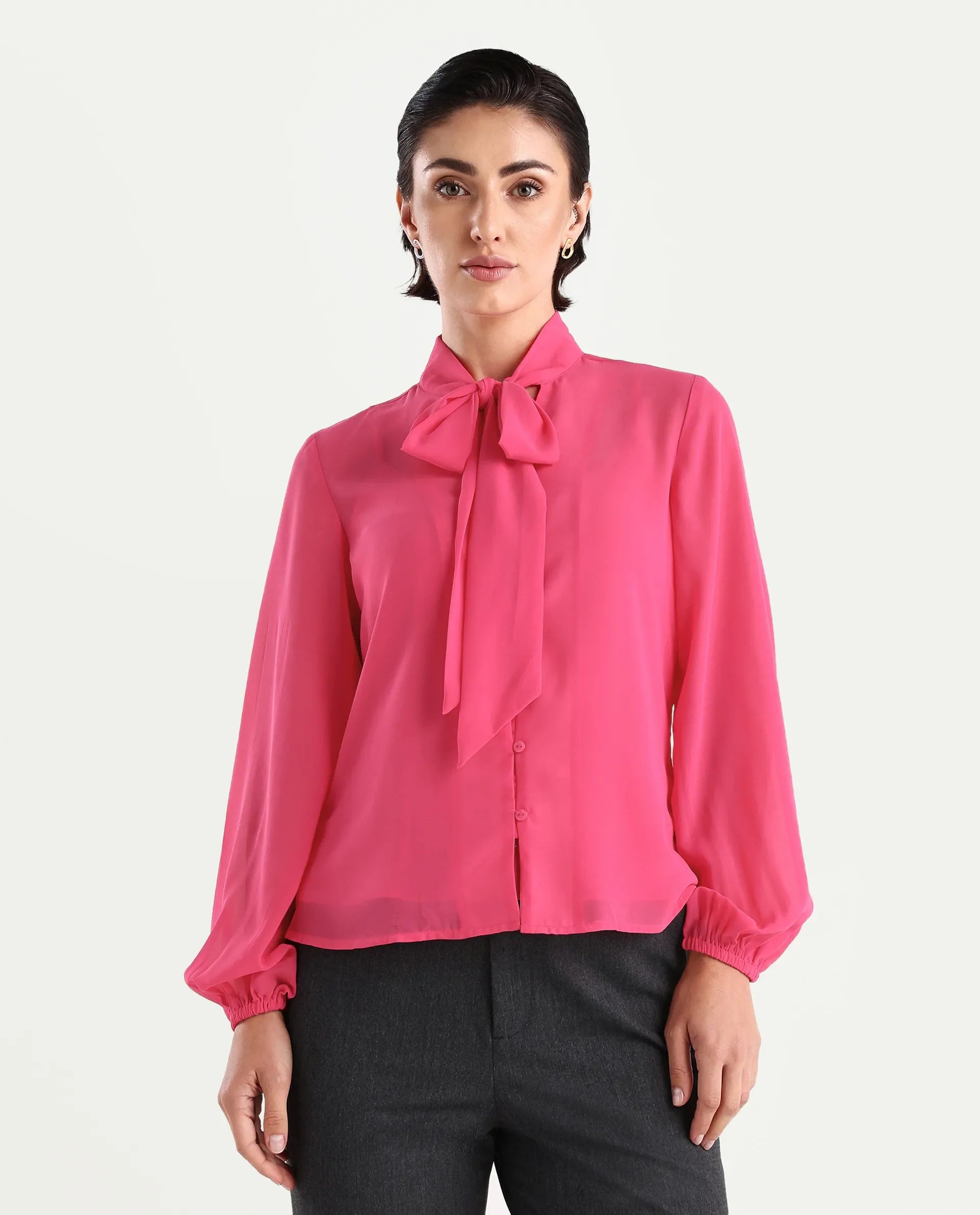 Rareism Women's Sommer Pink Polyester Tie-Up Neck Plain Cuffed Sleeve Regular Fit Top