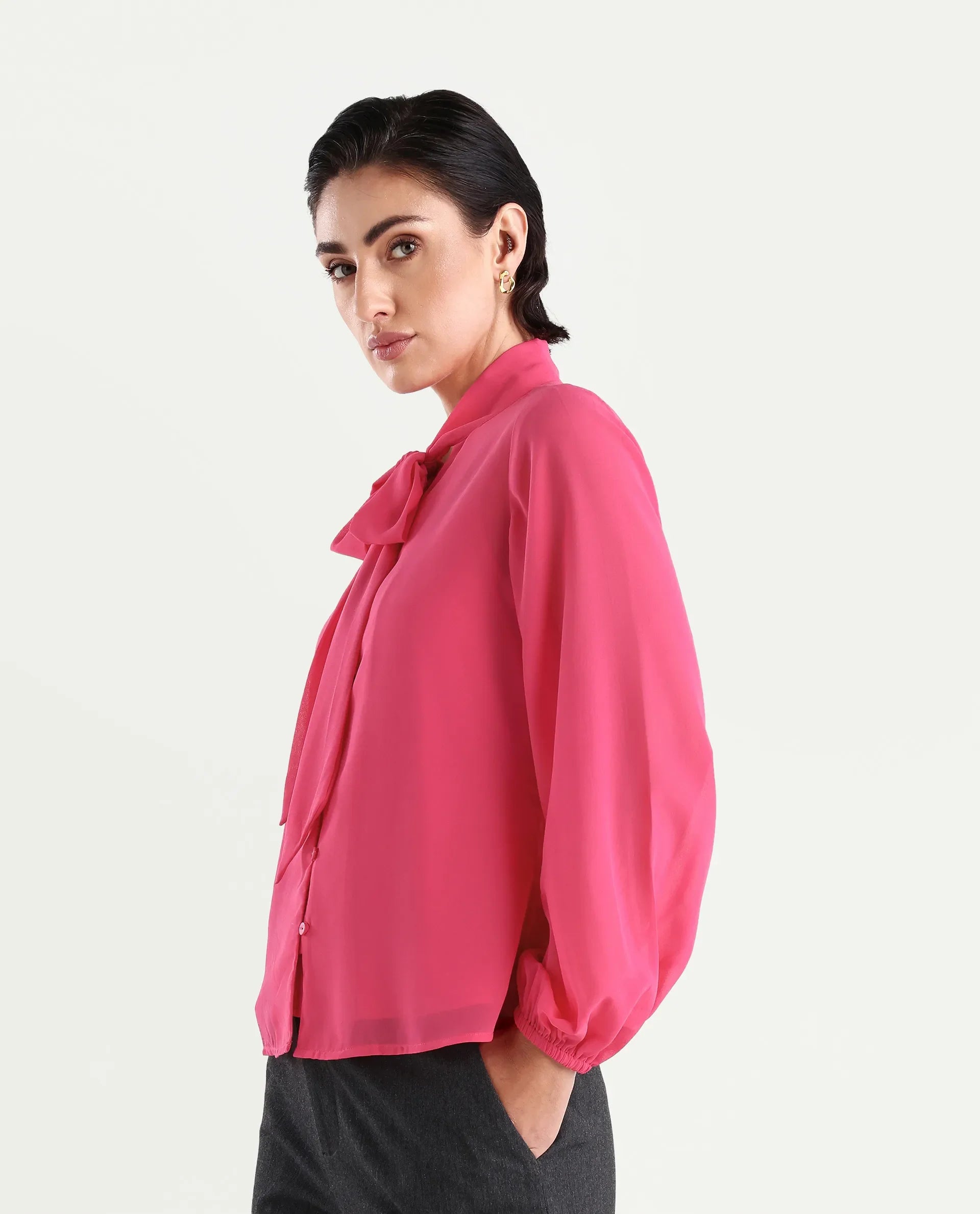 Rareism Women's Sommer Pink Polyester Tie-Up Neck Plain Cuffed Sleeve Regular Fit Top