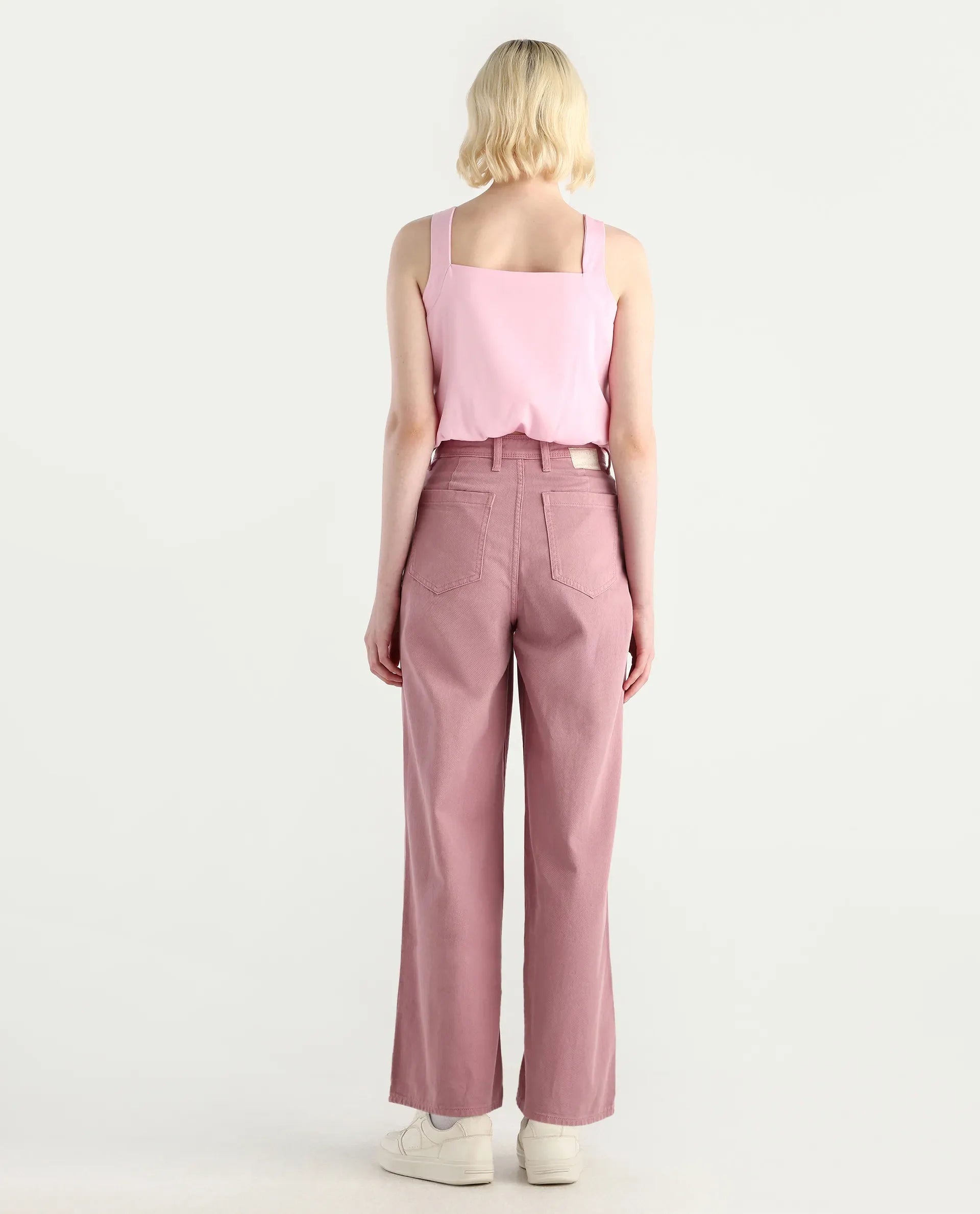 Rareism Women's Somnim Dusky Pink Cotton Plain Ankle Length Wide Trouser