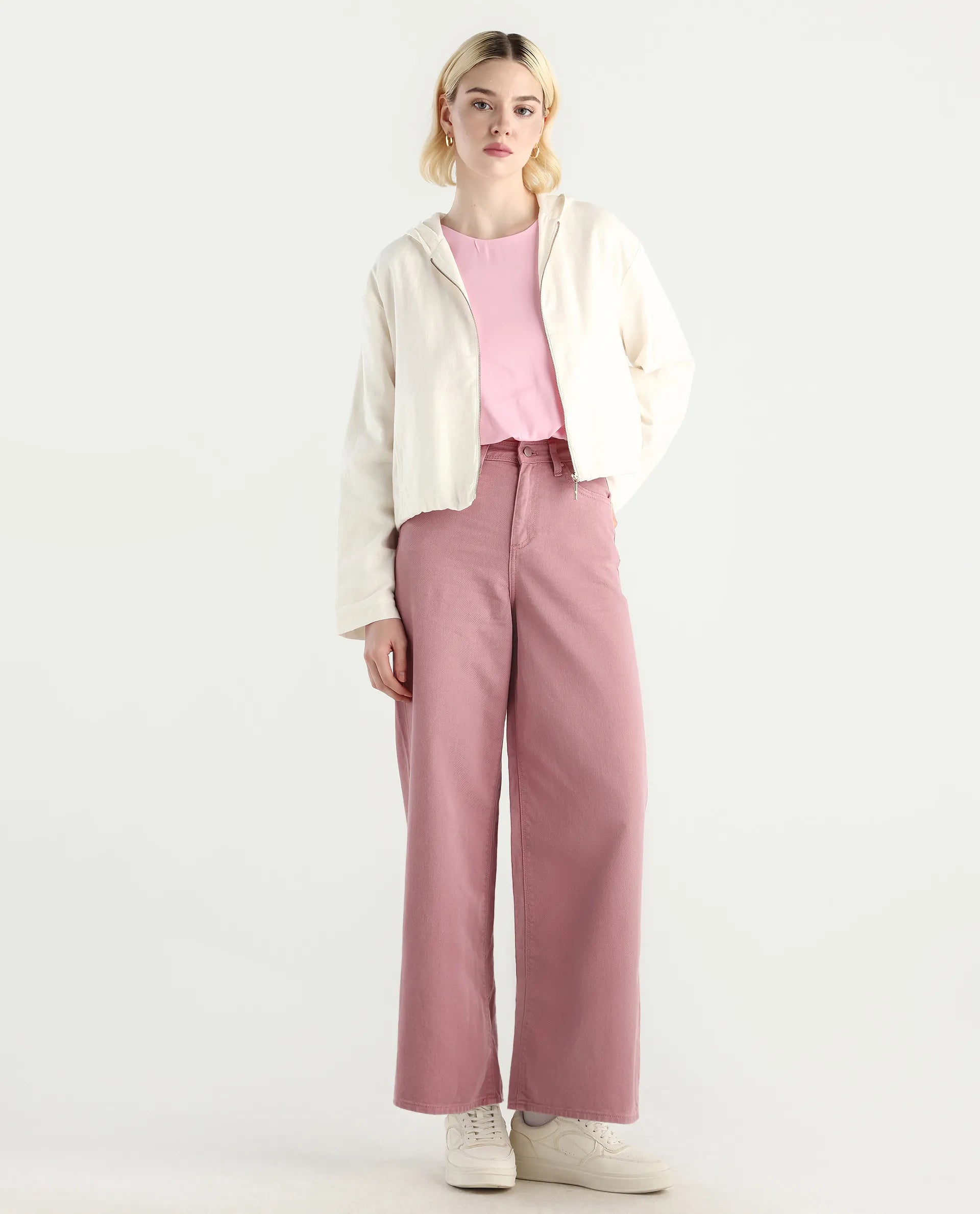 Rareism Women's Somnim Dusky Pink Cotton Blend Plain Ankle Length Wide Trouser