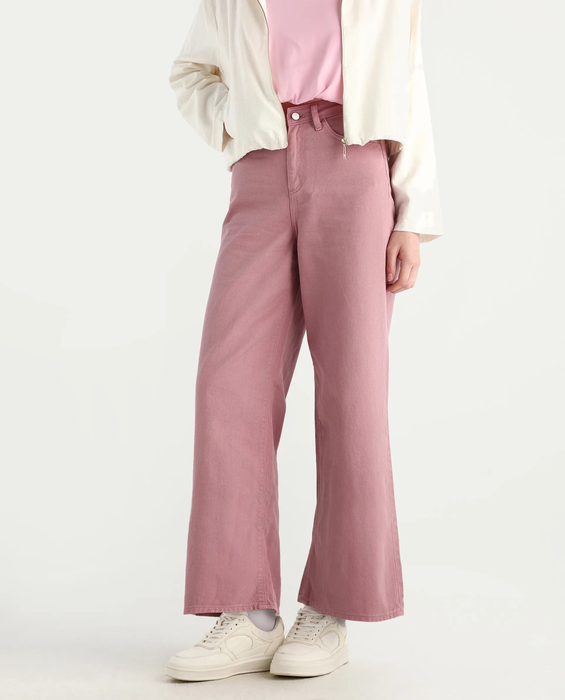 Rareism Women's Somnim Dusky Pink Cotton Plain Ankle Length Wide Trouser