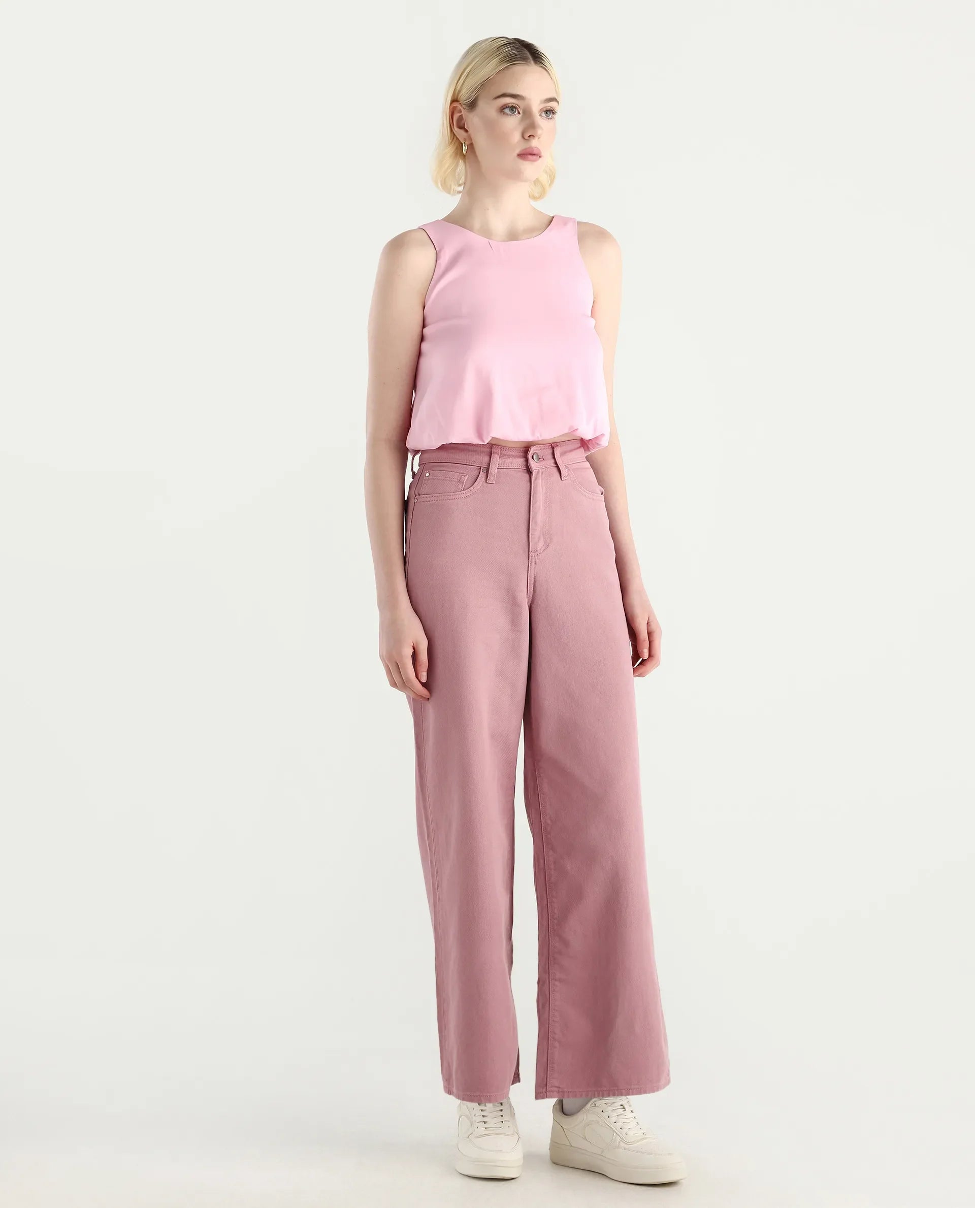 Rareism Women's Somnim Dusky Pink Cotton Plain Ankle Length Wide Trouser