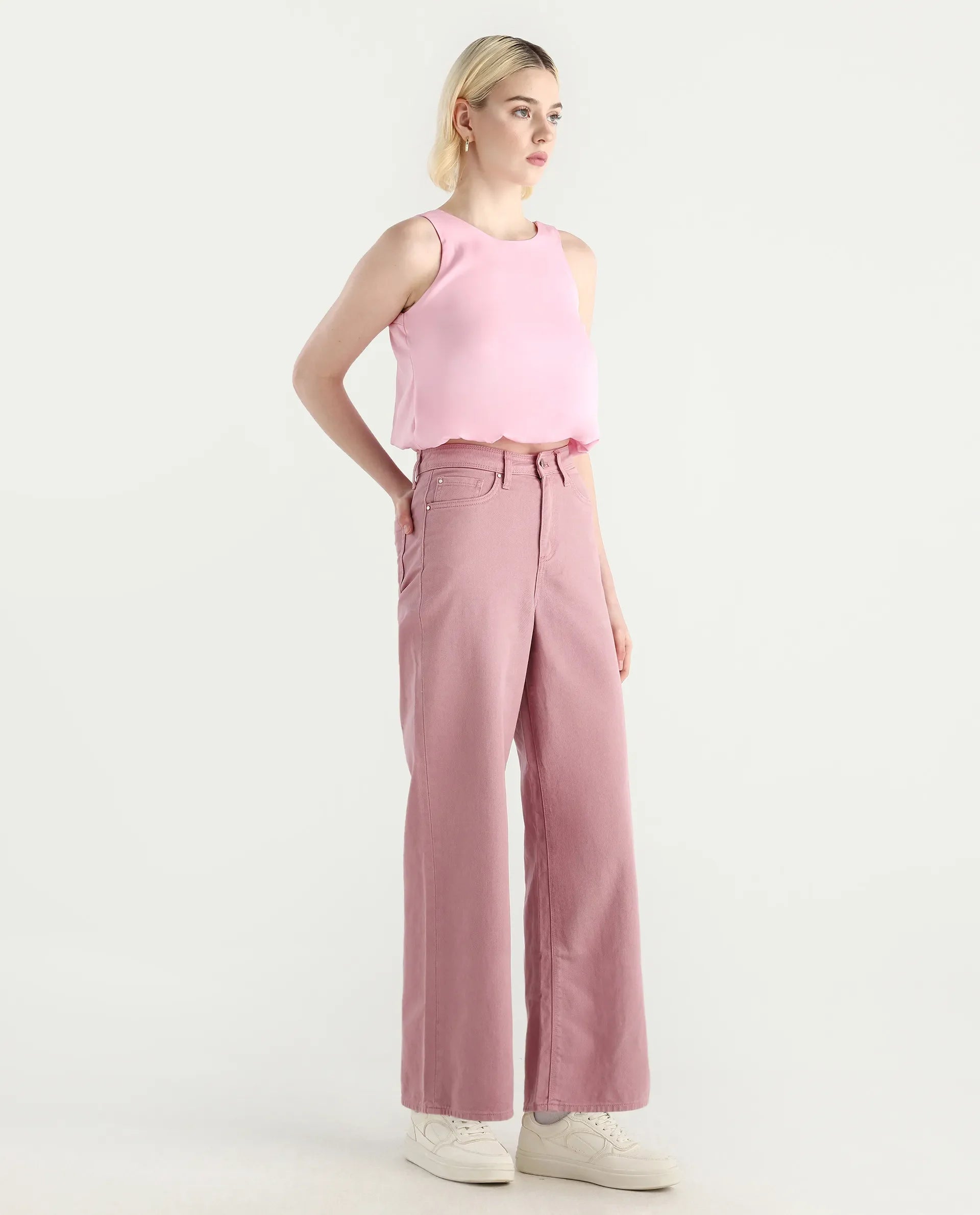 Rareism Women's Somnim Dusky Pink Cotton Blend Plain Ankle Length Wide Trouser