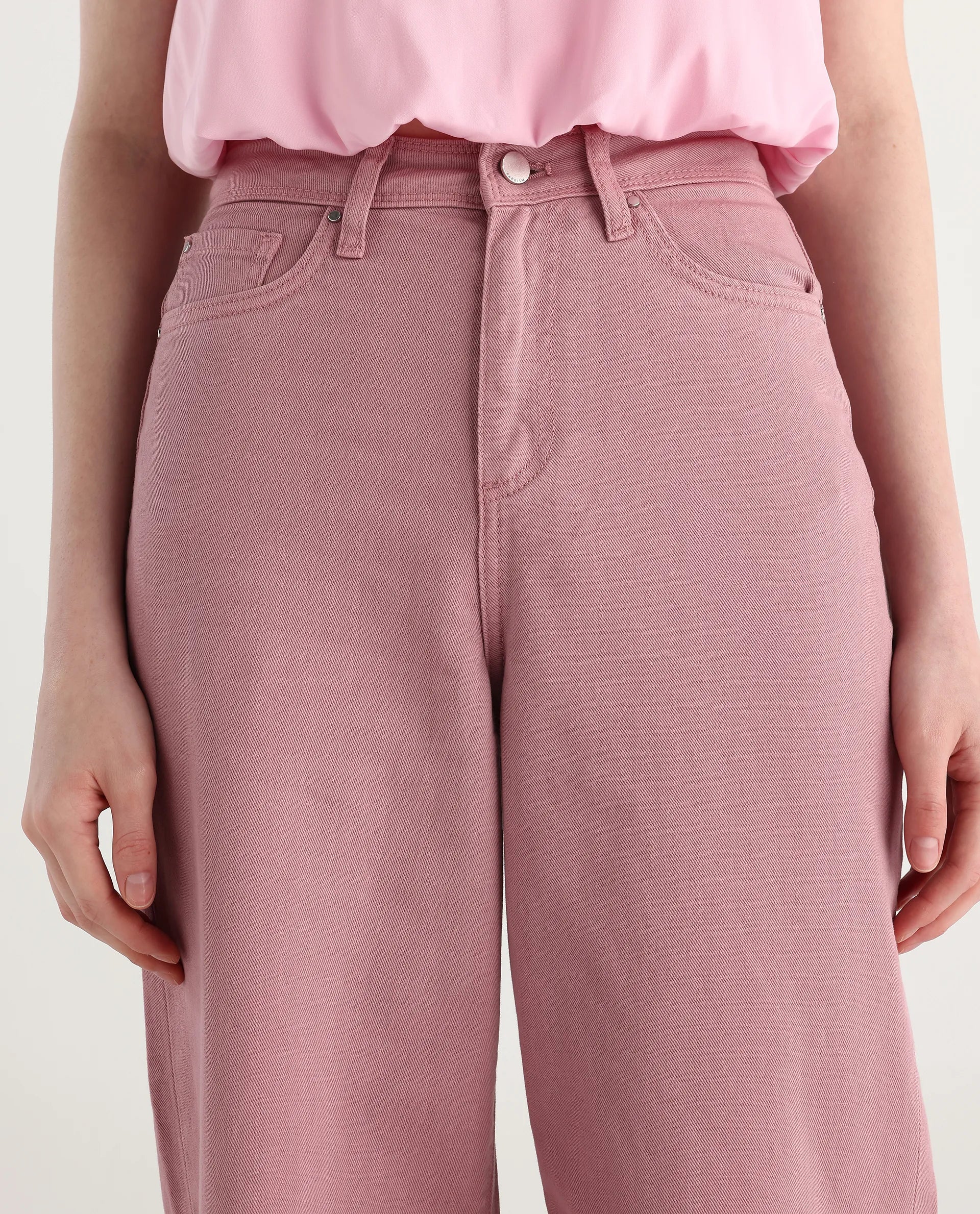Rareism Women's Somnim Dusky Pink Cotton Plain Ankle Length Wide Trouser