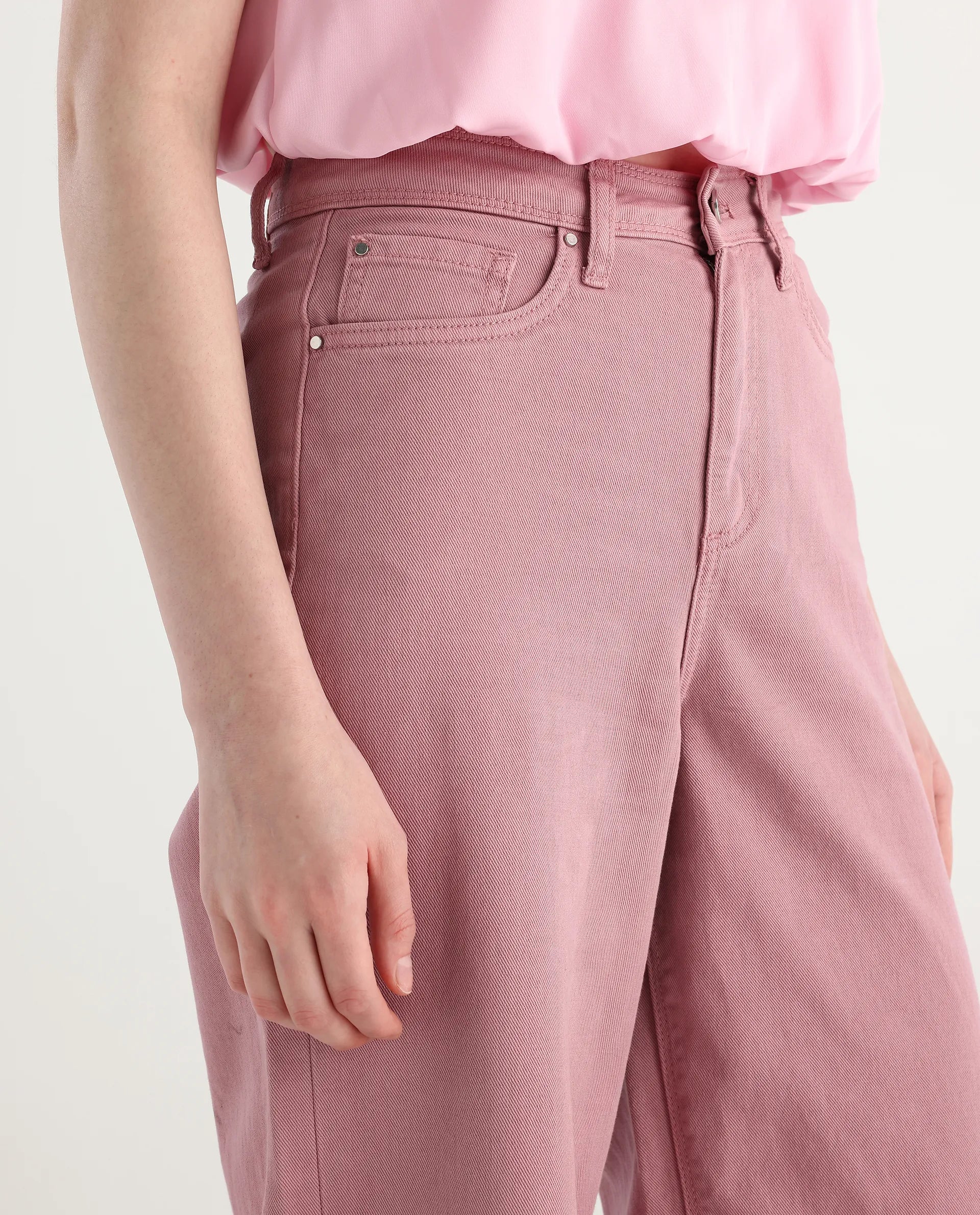 Rareism Women's Somnim Dusky Pink Cotton Plain Ankle Length Wide Trouser
