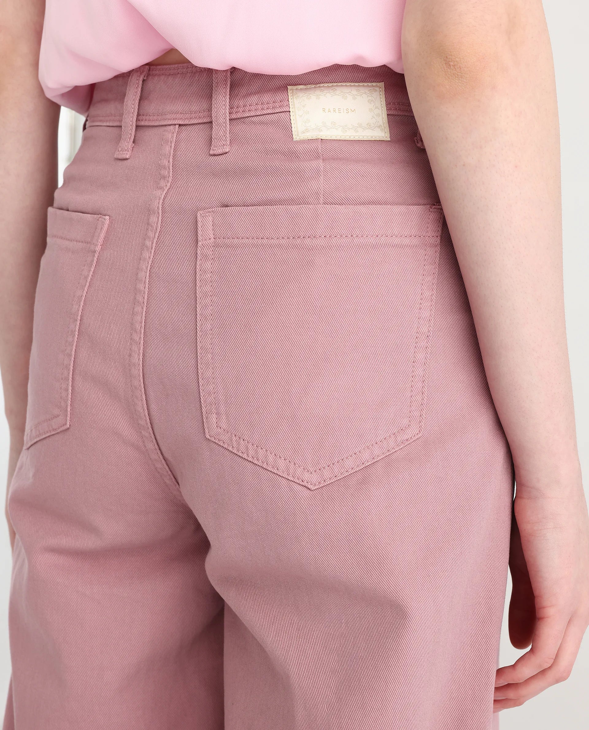 Rareism Women's Somnim Dusky Pink Cotton Plain Ankle Length Wide Trouser