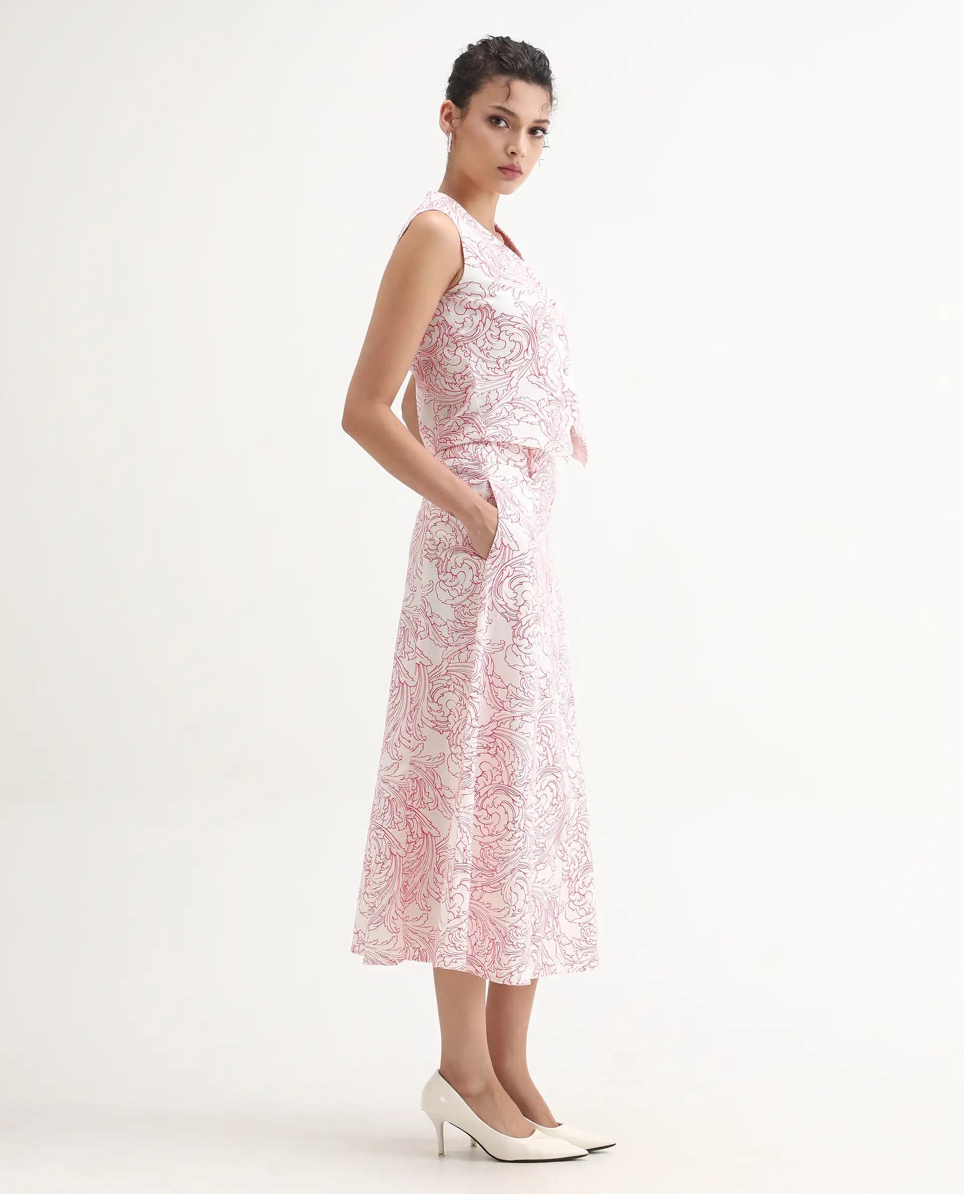 Rareism Women's Somnos B White Cotton Ornamental Print Maxi A-Line Skirt