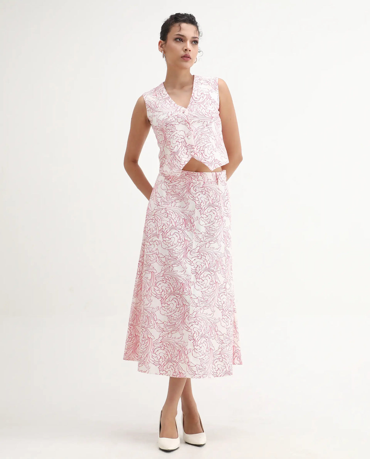 Rareism Women's Somnos B White Cotton Ornamental Print Maxi A-Line Skirt