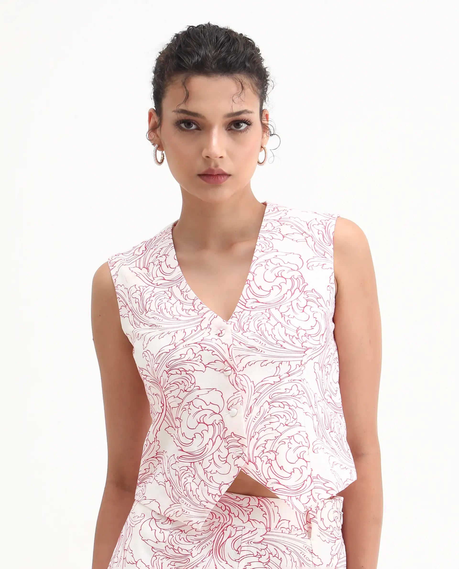 Rareism Women's Somnos T White Cotton V-Neck Abstract Print Sleeveless Regular Fit Top