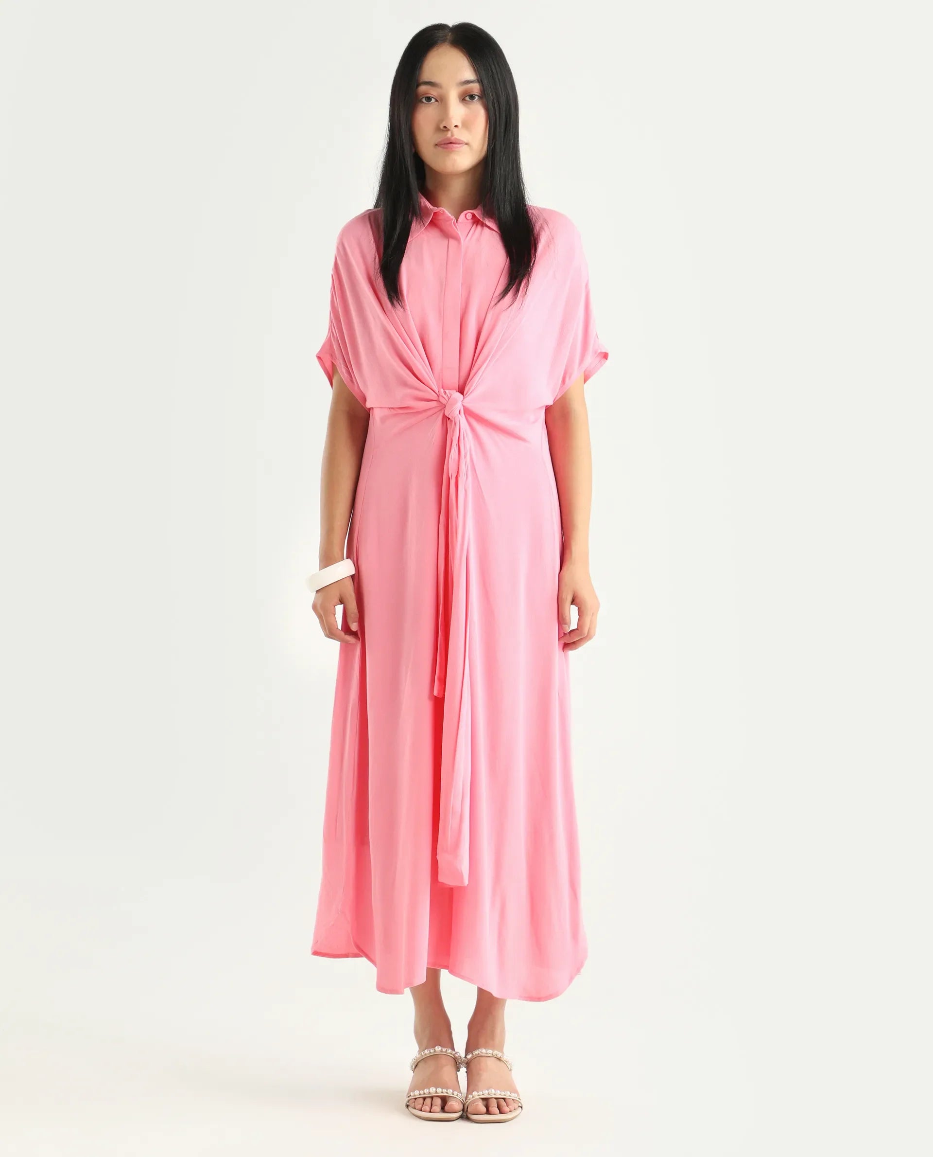 Rareism Women's Somnur Dusky Pink Cotton Spread Collar Plain Midi A-Line Dress
