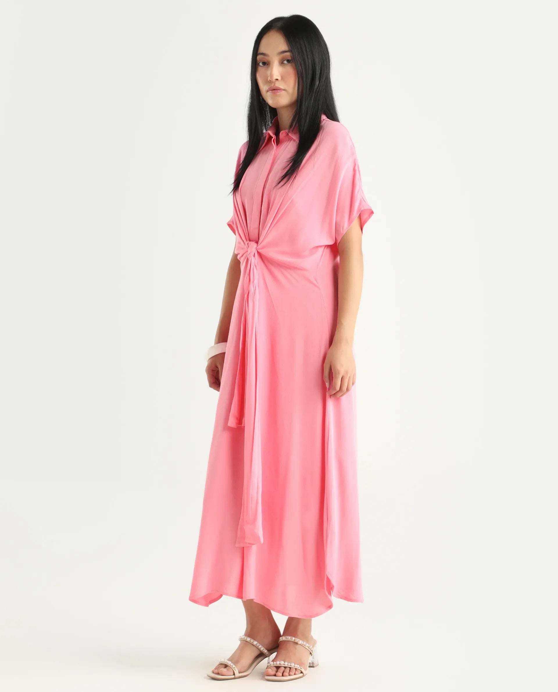 Rareism Women's Somnur Dusky Pink Cotton Spread Collar Plain Midi A-Line Dress
