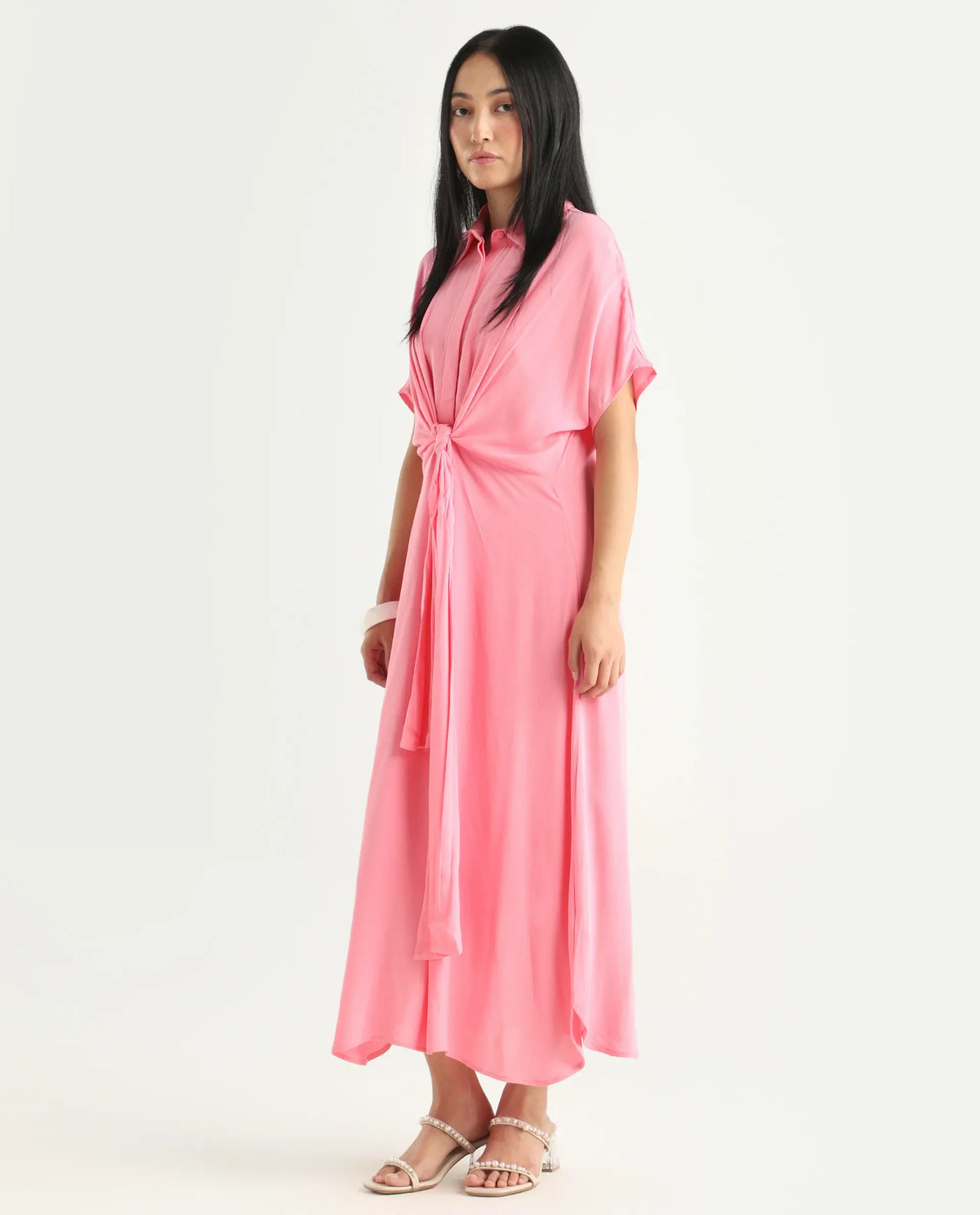 Rareism Women's Somnur Dusky Pink Cotton Spread Collar Plain Midi A-Line Dress